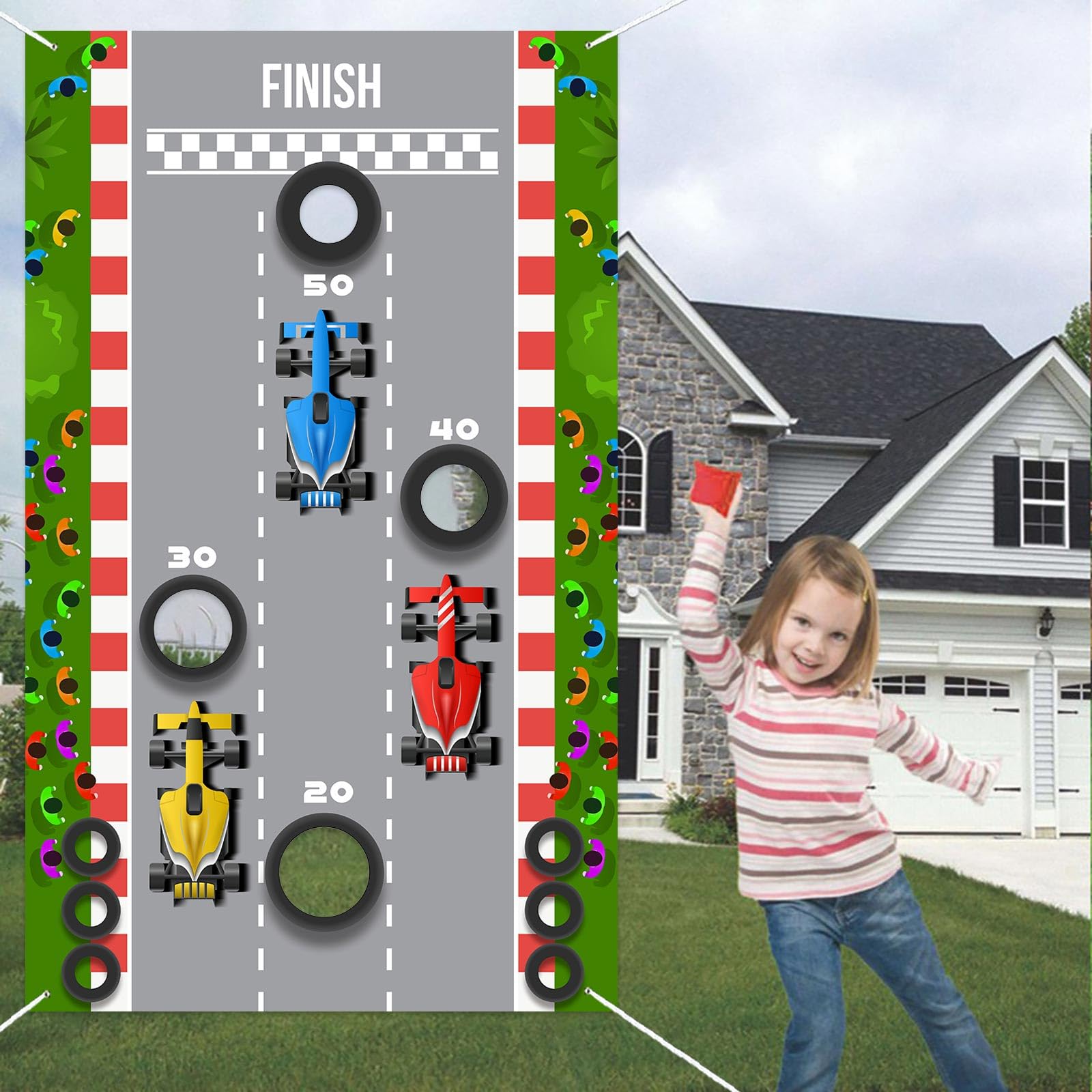 RaceCar F1 Toss Games Banner Backdrop Background Racing Race Car Check Flag Sports Theme Decorations Decor for Indoor Outdoor Boy Girl 1st Birthday Party Baby Shower Race Fans Favors Supplies Gift