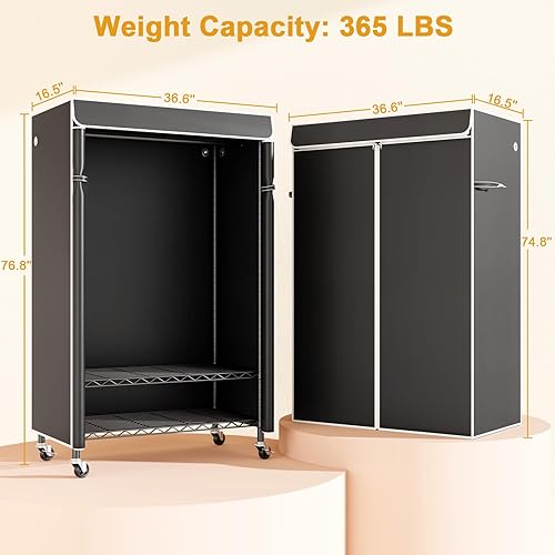 Miniatura 5 de P6C - Perchero con ruedas con tapa, estantes de ropa cubiertos resistentes, armario portátil para colgar ropa, percheros con ruedas, estante negro