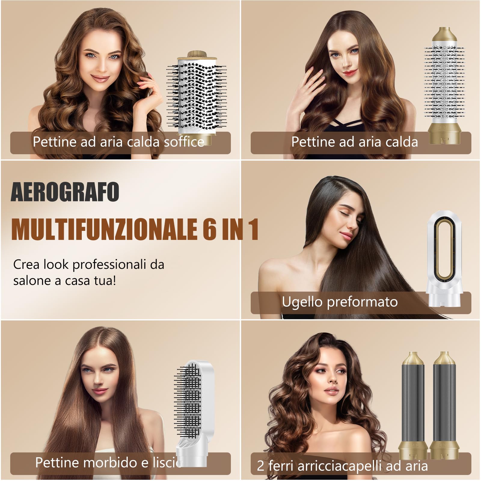 Spazzola Ad Aria Calda 6 in 1, 1-Step Styler, Asciugacapelli rotante con tecnologia ceramica, Tecnologia a Ioni, 1000 W, multiuso per asciugare, arricciare e lisciare (Bianco)