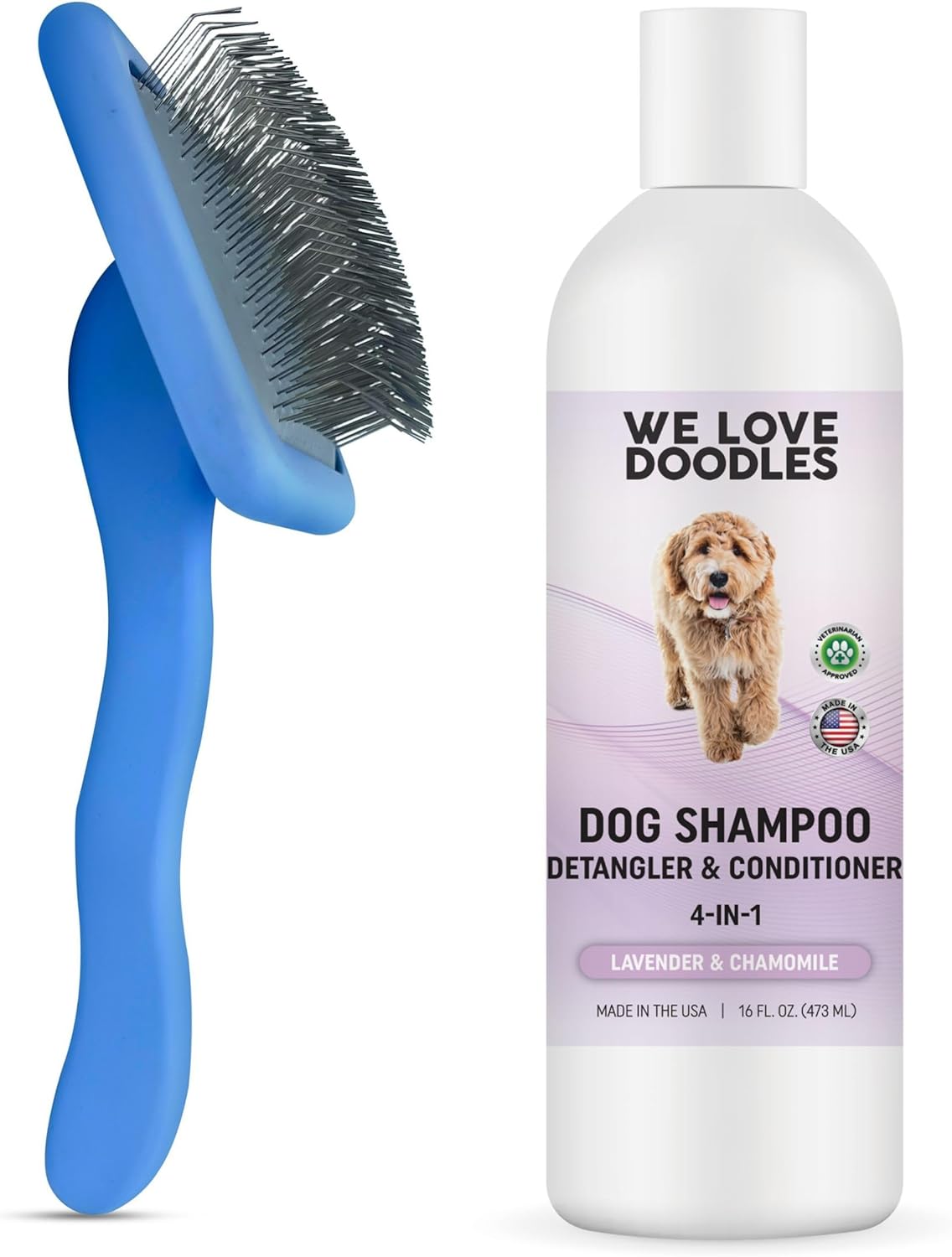 We Love Doodles Bundle 4-in-1 Non-Organic Dog Shampoo (Lavender & Chamomile) & Large Slicker Brush - Long Pin Brush for Dematting, Best Brushes for Poodle & Golden Doodle, Long Haired Dogs