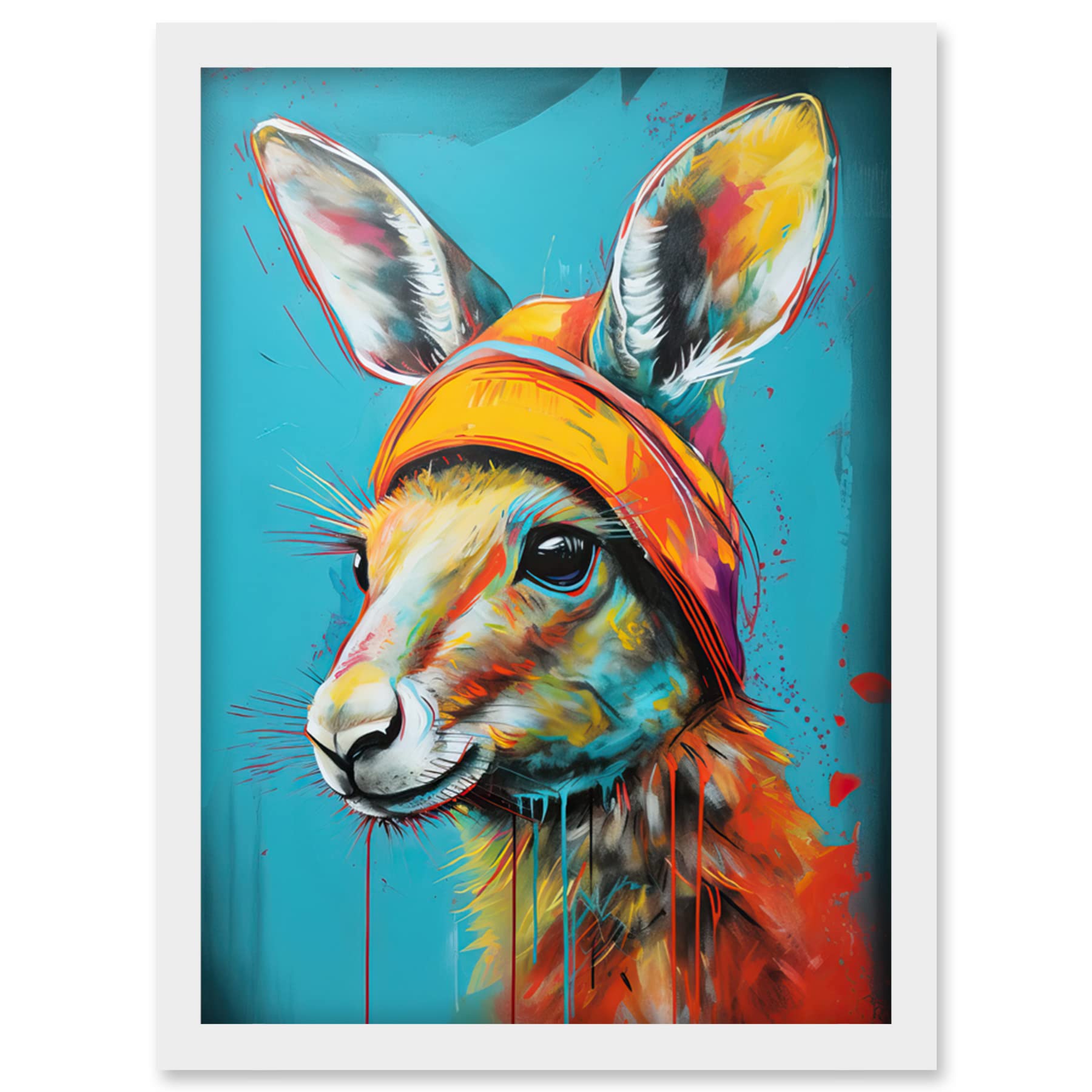 Artery8 Baby Kangaroo Joey Wearing Hat Teal and Orange Artwork Framed Wall Art Print A4