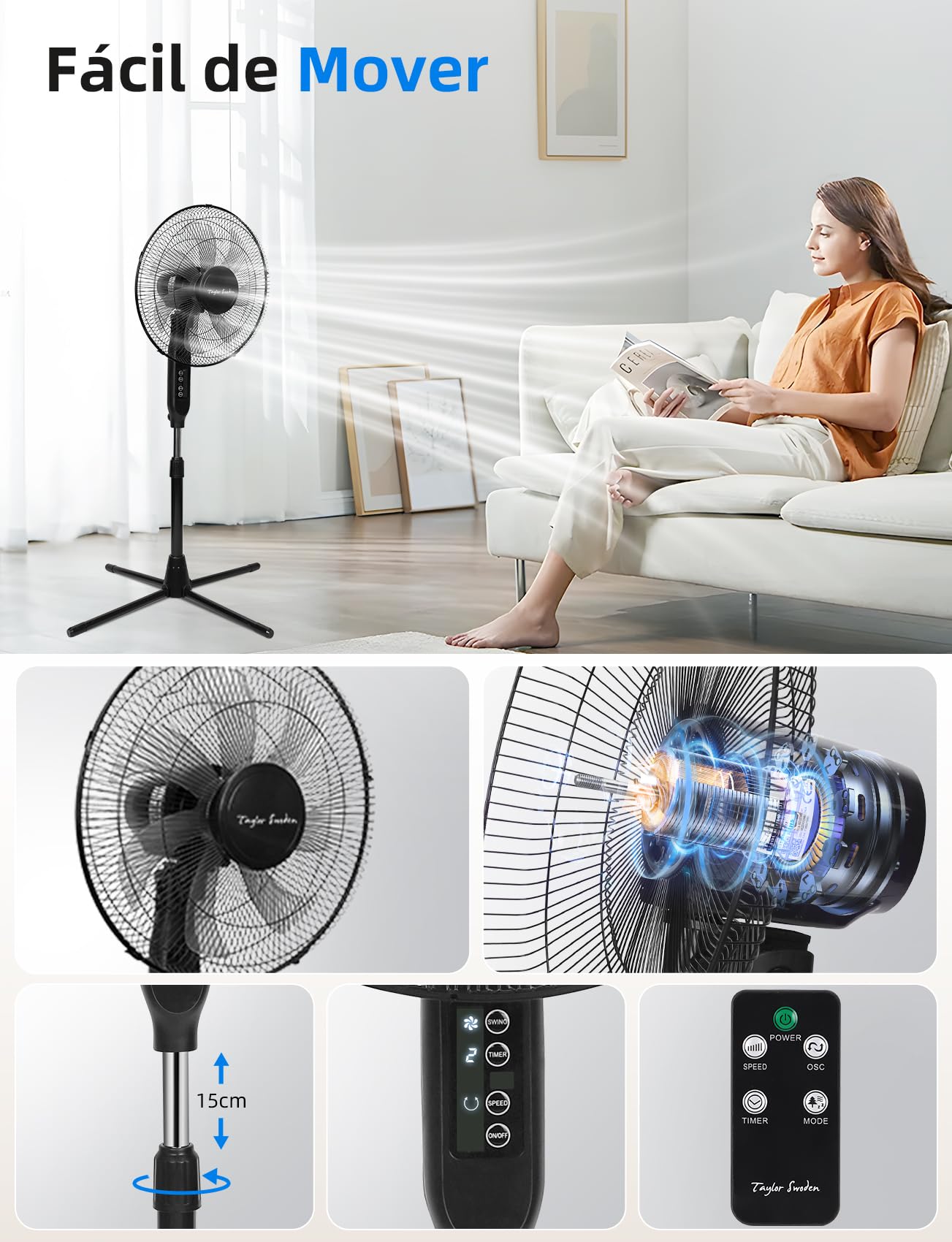 Taylor Swoden Ventilador de pie con Mando, 7 Aspas. Potente y Silencioso, pantalla LED, temporizador 9H, 3 velocidades y 3 modos (Normal/Natural/Sleep), Oscilación de 70°, altura regulable, Ø 43 cm