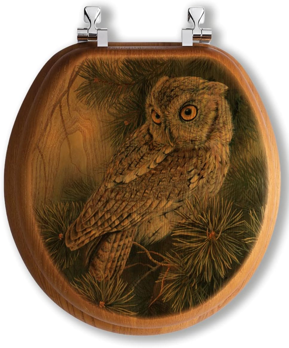 House & Homebody Co. Round Toilet Seat, Oak Veneer, Outdoor Image (Owl)