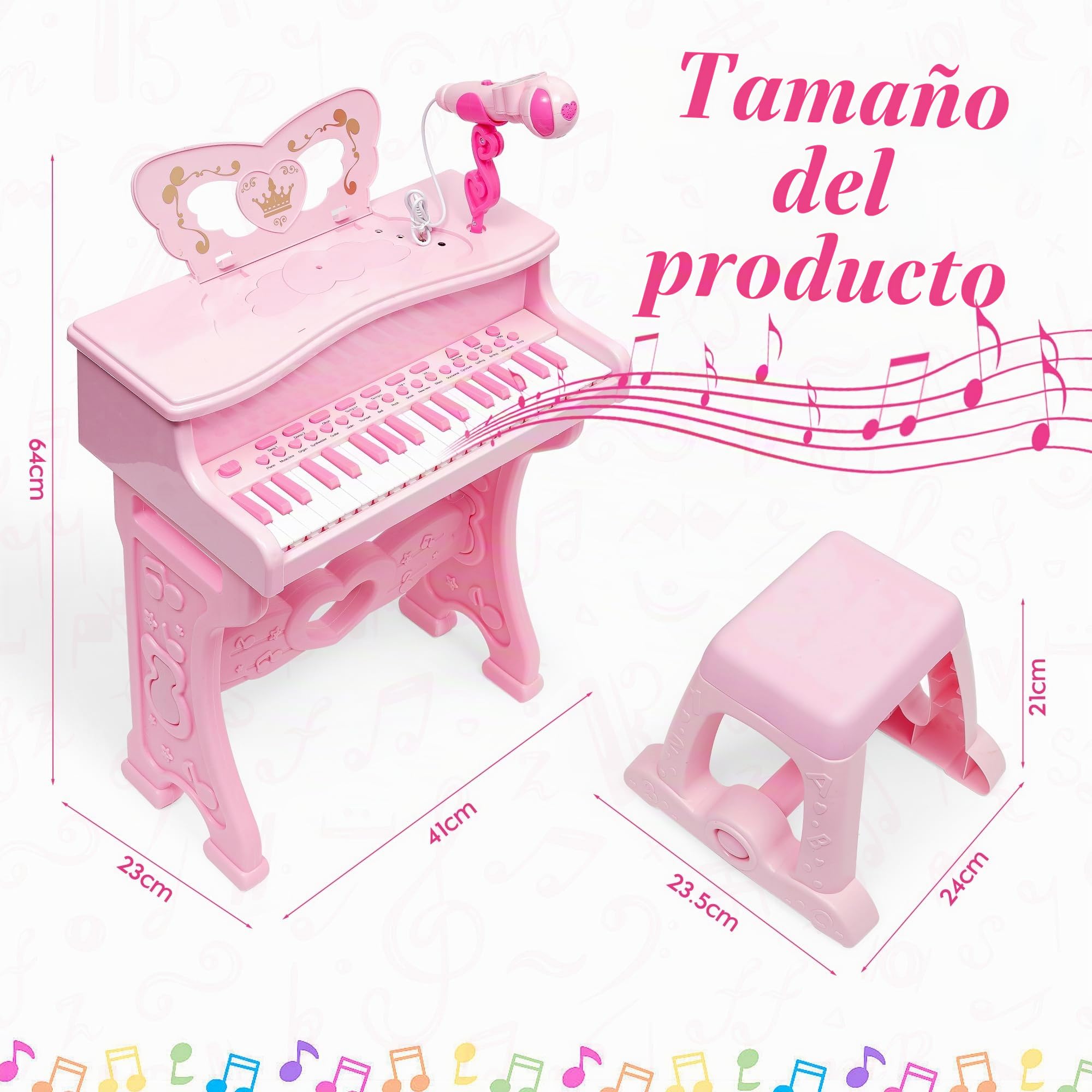 Piano para niños-Instrumento Musical Electrónico con 37 Teclas para niñas,Regalo Juguete Musical Pedagógico con Patas Desmontables,Micrófono,Varios Modos de Música,luz,Taburete (Rosa)
