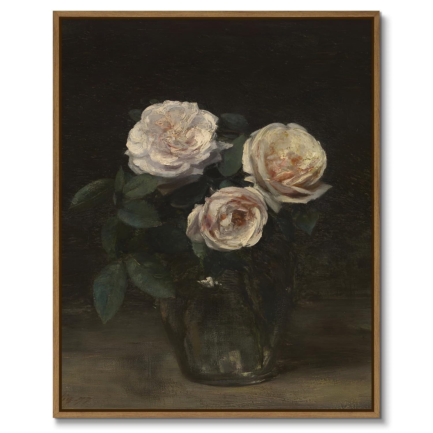 Framed Floral Wall Art Vintage Rose in Vase Picture Classical Flower Canvas Oil Painting Aesthetic Poster Still Life Wall Decor Ready to Hang for Bedroom Bathroom Home Office Decoration, 8x10 Inch
