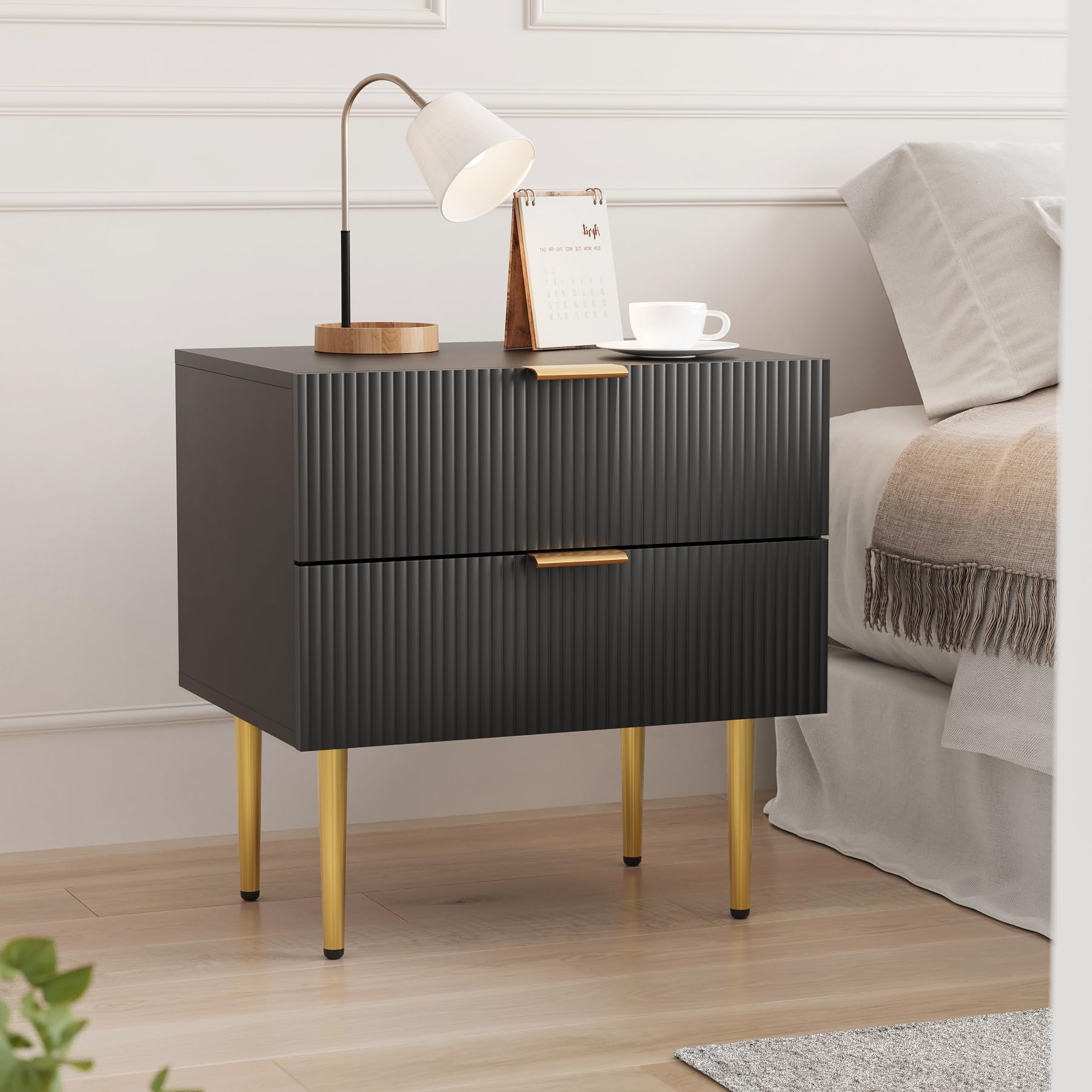Nightstand, Mid Century Modern Nightstand with Fluted Panel, Bedside Table with 2 Drawer, Large Black Night Stand with Gold Leg, End Tables for Bedroom