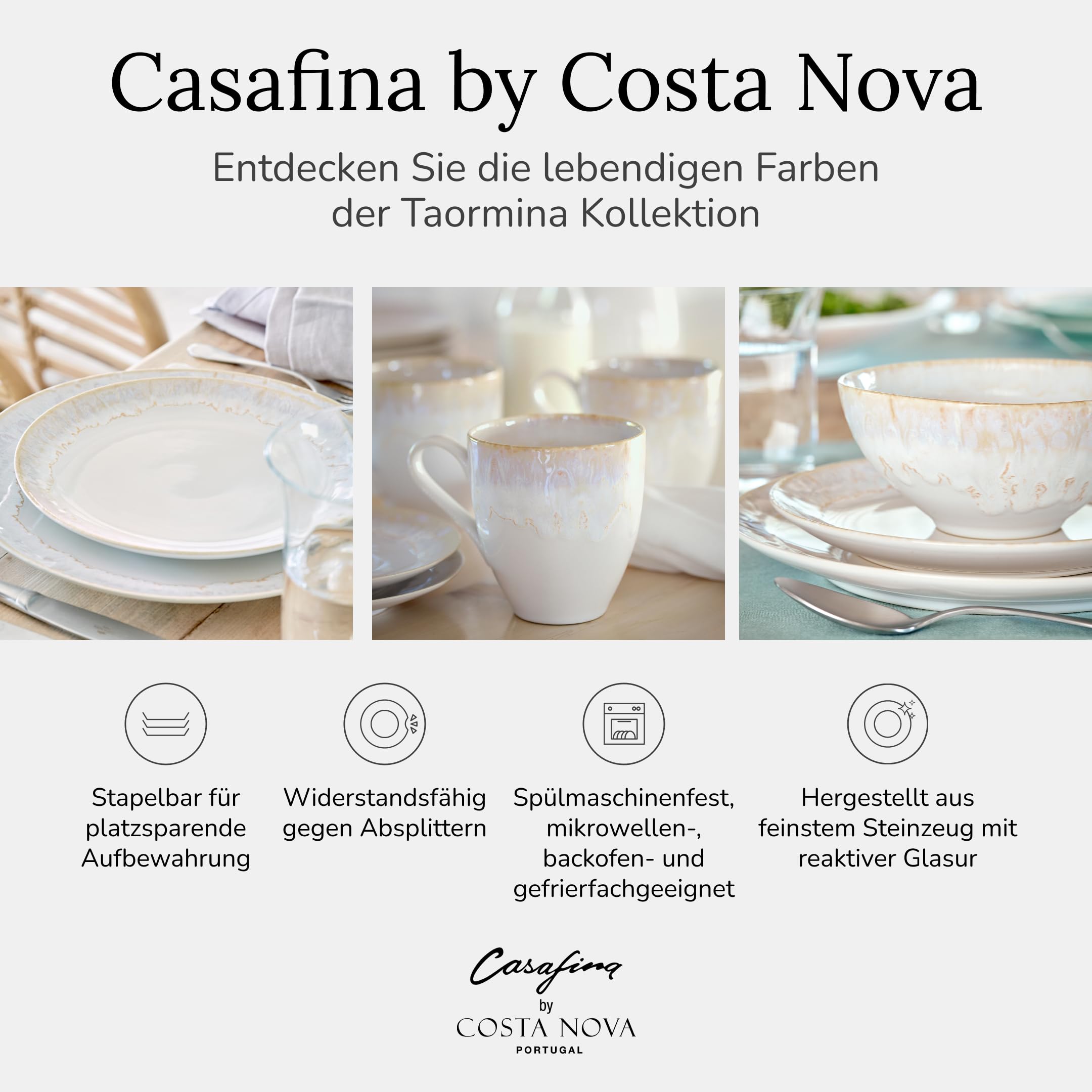 Casafina by Costa Nova Geschirrset Taormina: 5-teiliges Steinzeug-Set, Reaktivglasur, Spülmaschinen-, Mikrowellen-, Ofen- & Gefrierfest, Komplettes Service mit Tellern, Schale & Tasse, Weiß