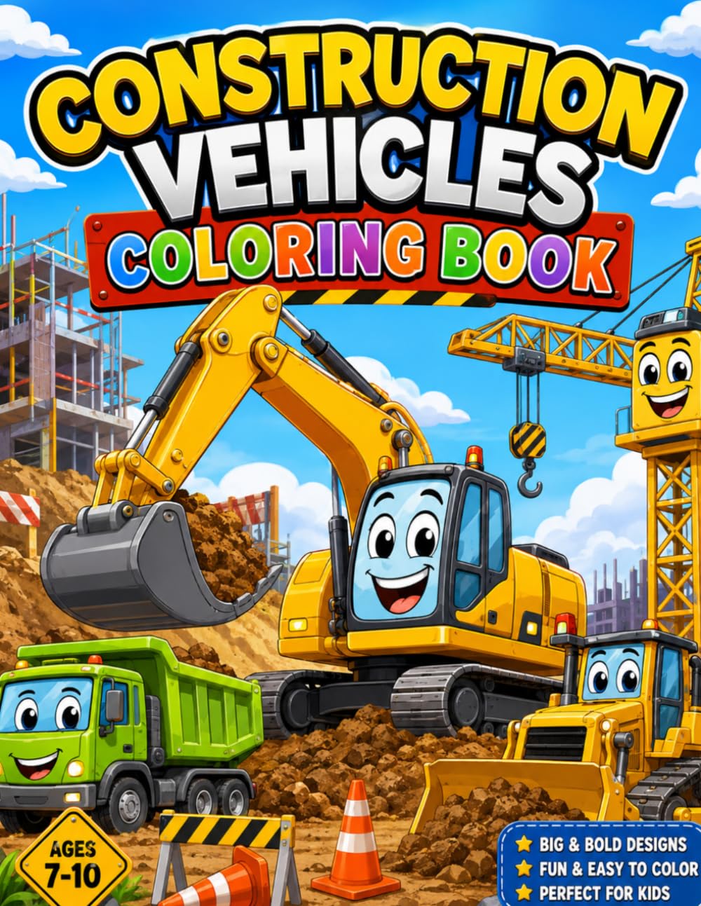 Construction Vehicles Coloring Book: Awesome Excavators, Bulldozers, Dump Trucks, Cranes and Powerful Building Machines for Kids Ages 7–10