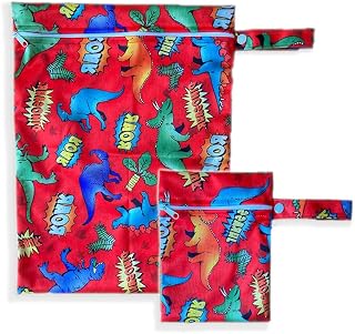 Juego de 2 Wetbags con motivos dulces - bolsa húmeda reutilizable impermeable con cremallera como organizador para pañales Equipo de natación Dirt Laundry Equipo deportivo (Rojo – Dino)