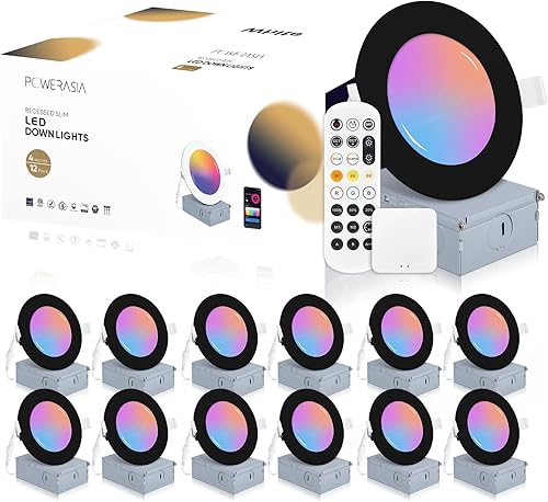 Paquete de 12 luces empotrables inteligentes negras de 4 pulgadas, ultrafinas de 4 pulgadas, luces LED empotrables de 9 W 700 lm con caja de