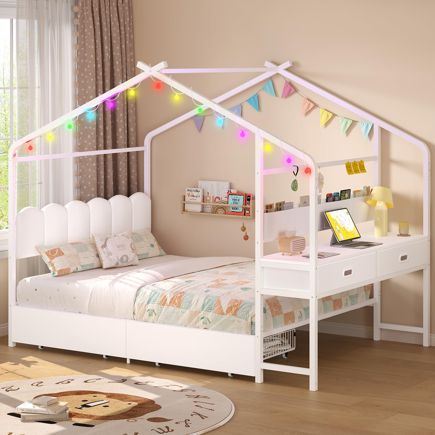 ADORNEVE Full Kids Bed with Drawers,House Bed with Desk,White