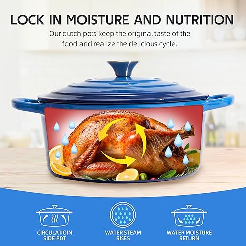 Miniatura 4 de Horno holandés de hierro fundido esmaltado de 6 cuartos de galón con tapa, asas dobles grandes, apto para horno hasta 500 F, olla redonda clásica