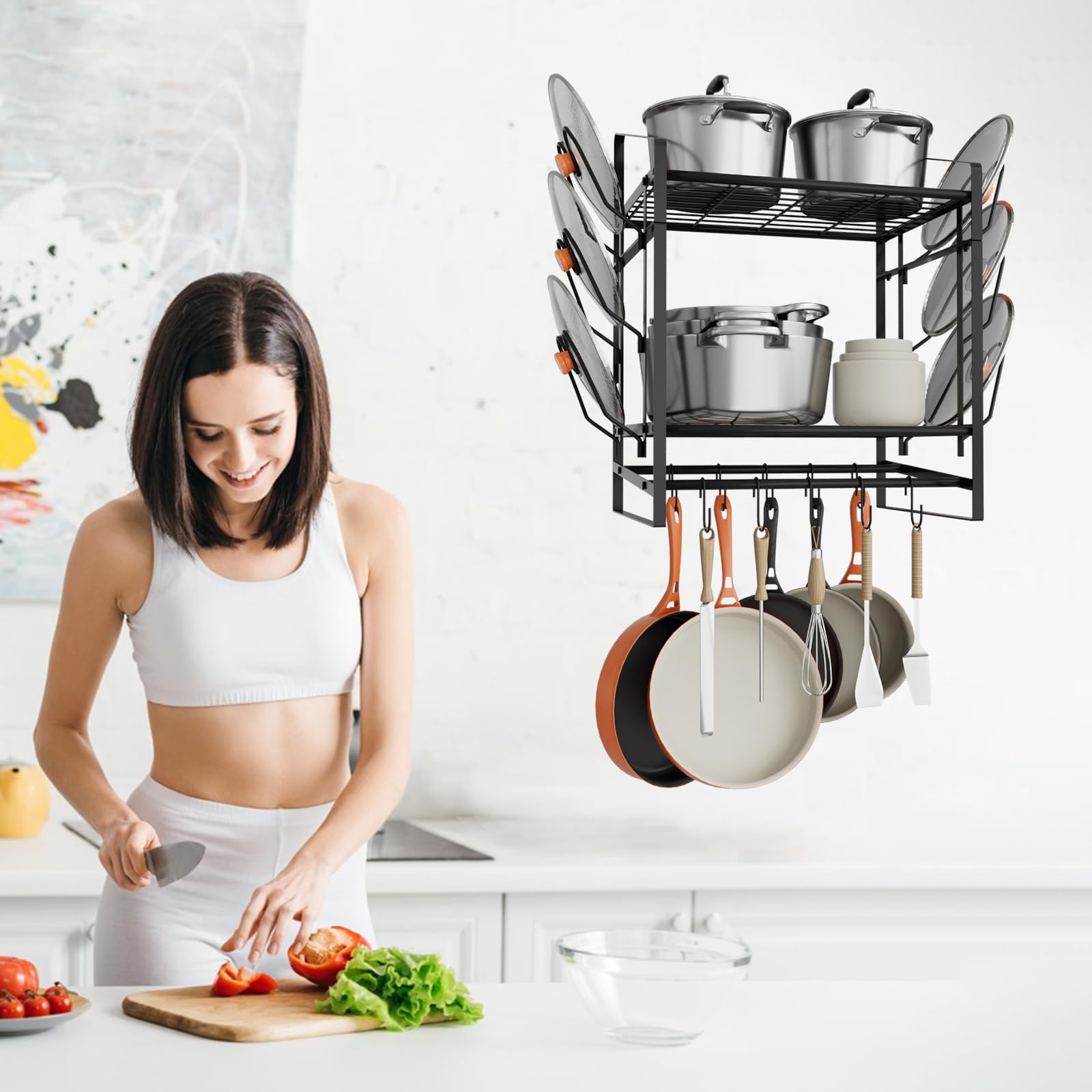 VyGrow Estante para ollas de 24 pulgadas, organizador de ollas y sartenes de 2 niveles con 10 ganchos y 6 soportes para tapas de ollas, colgador de acero resistente para ollas y sartenes para