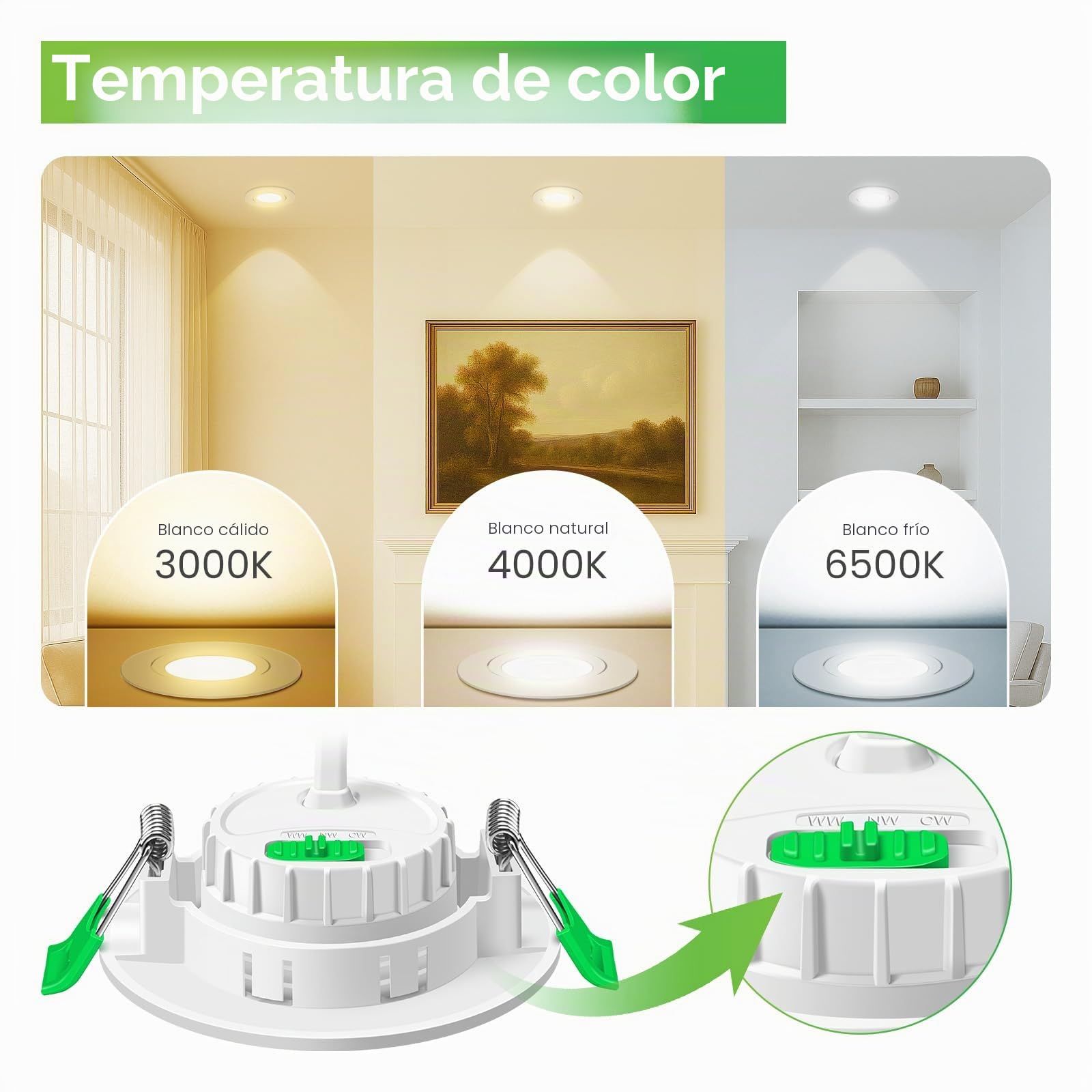 CLAR - Focos LED Interior Techo, Módulo LED Ultra Plano Regulable 6W, Seleccionador de tonalidad, Ajustable 38º, Bkanco(Pack 10)