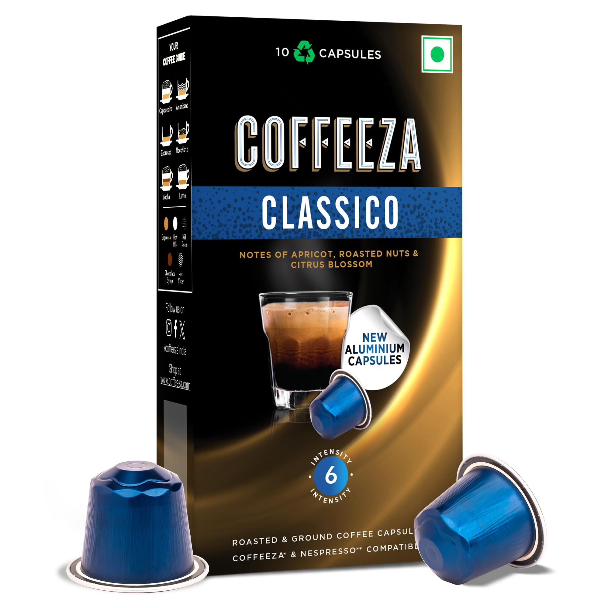 Coffeeza Classico Aluminium Coffee Capsules, Intensity - 6 |100% Arabica | Original Line Compatible Coffee Pods | Box of 1 (10 Capsules)