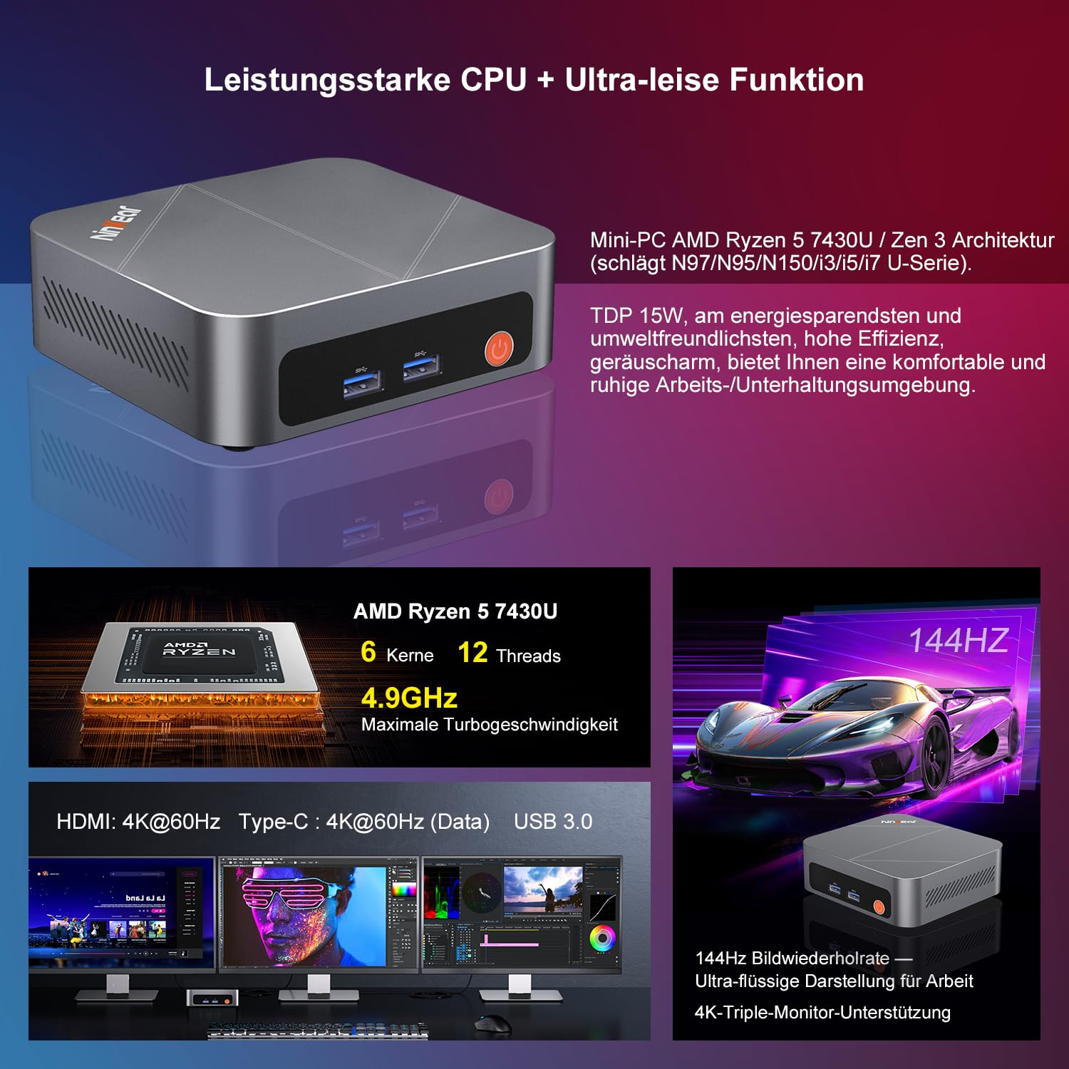 Ninkear Mini PC Win11, Mini Computer mit AMD Ryzen 7430U(Bis zu 4.3 GHz), 16GB DDR4 RAM 512GB SSD Gaming PC, 8K DREI Displays, HDMI*2, USB 3.0/Type-C/WiFi 6/BT 5.2, Geeignet für Arbeit und Freizeit