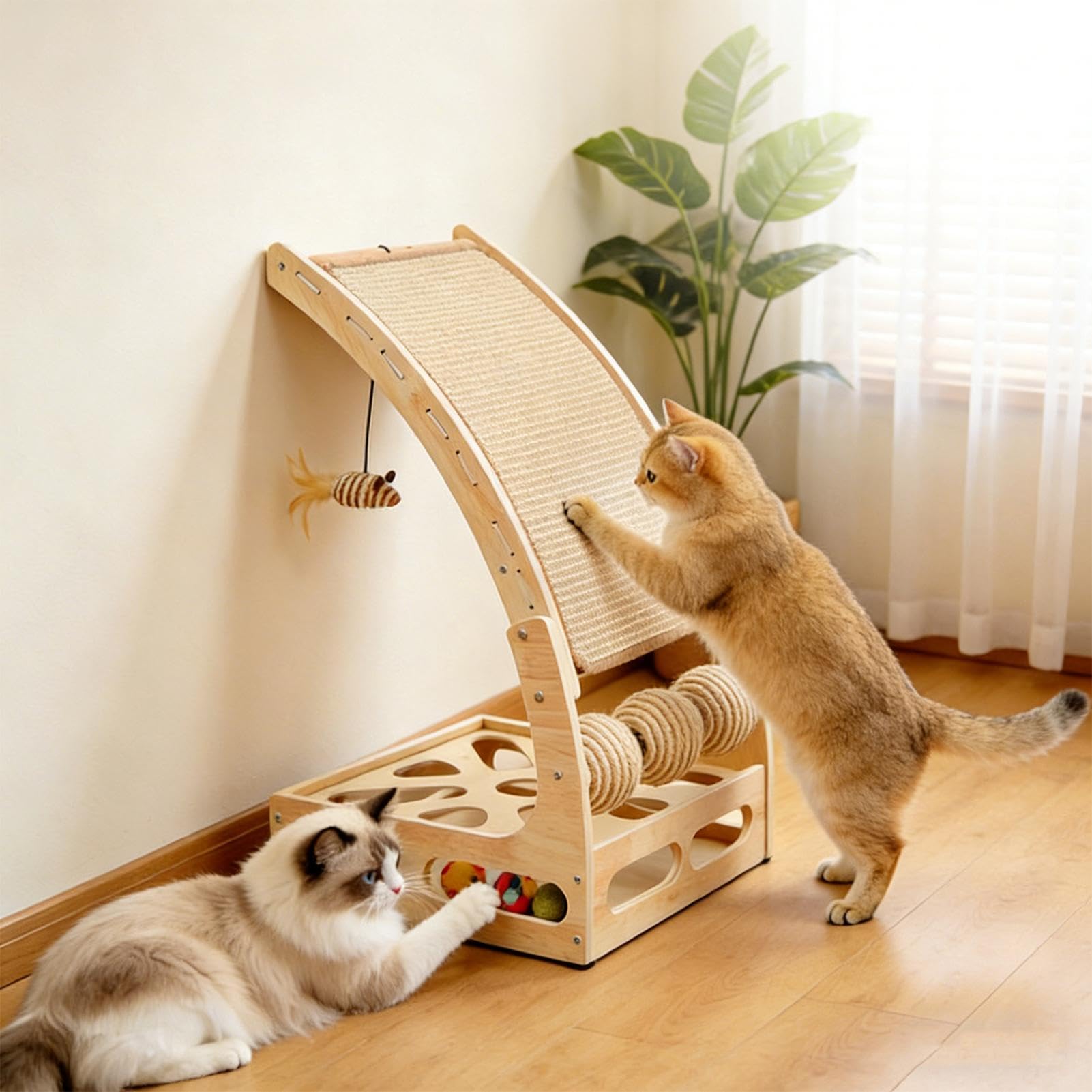 Arbre à chat vertical avec tapis d'escalade et labyrinthe boule