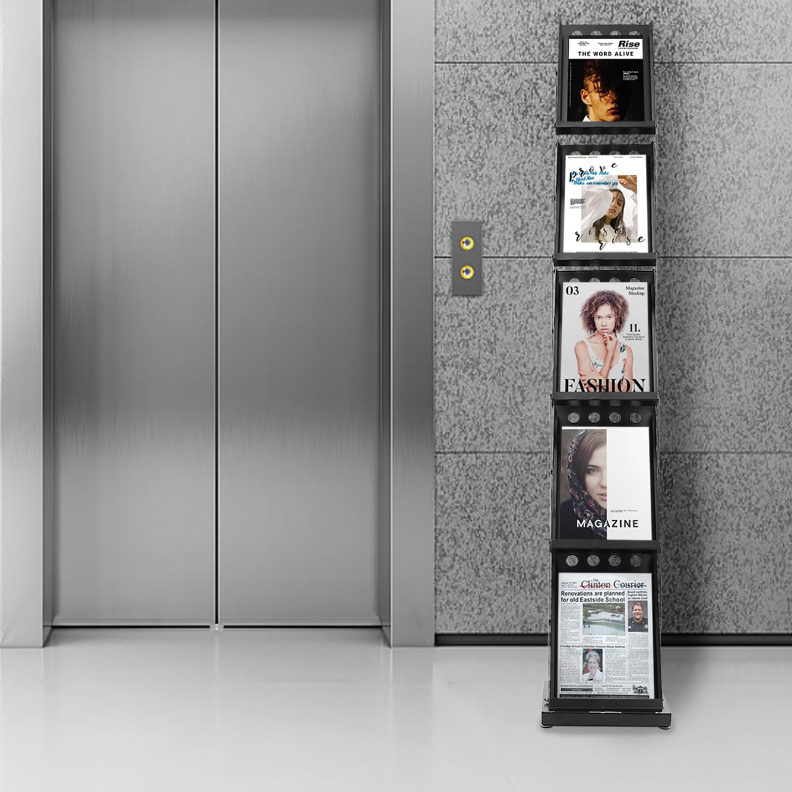 Portariviste pieghevole in ferro | 5 piani A4 (40 × 27 × 160 cm) | Supporto portatile per volantini e dischi in vinile | per uffici, biblioteche e negozi