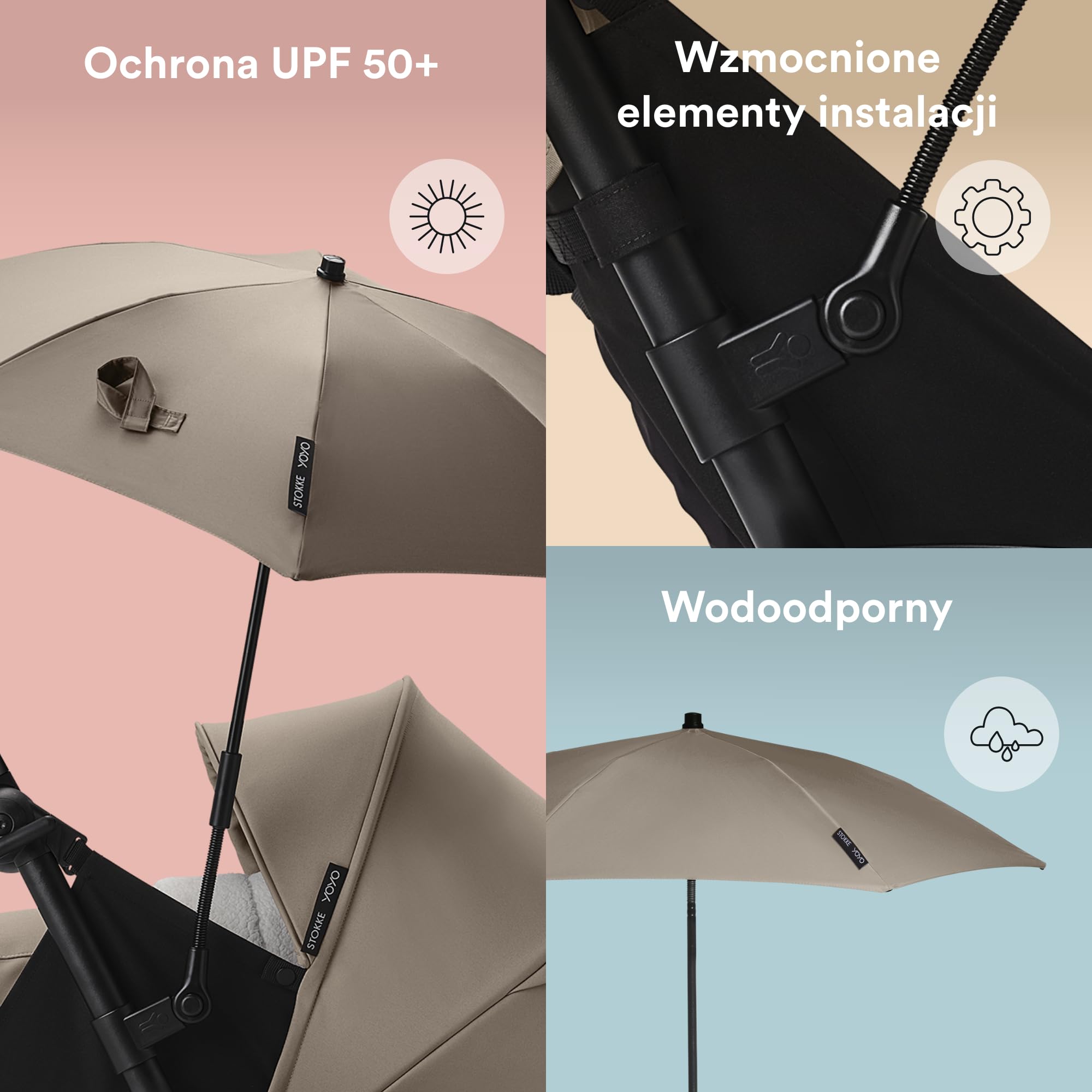Parasol Stokke YOYO, Taupe - ochrona UPF 50+ - do wózka z zestawem dla noworodka 0+, gondolą lub zestawem kolorystycznym 6+