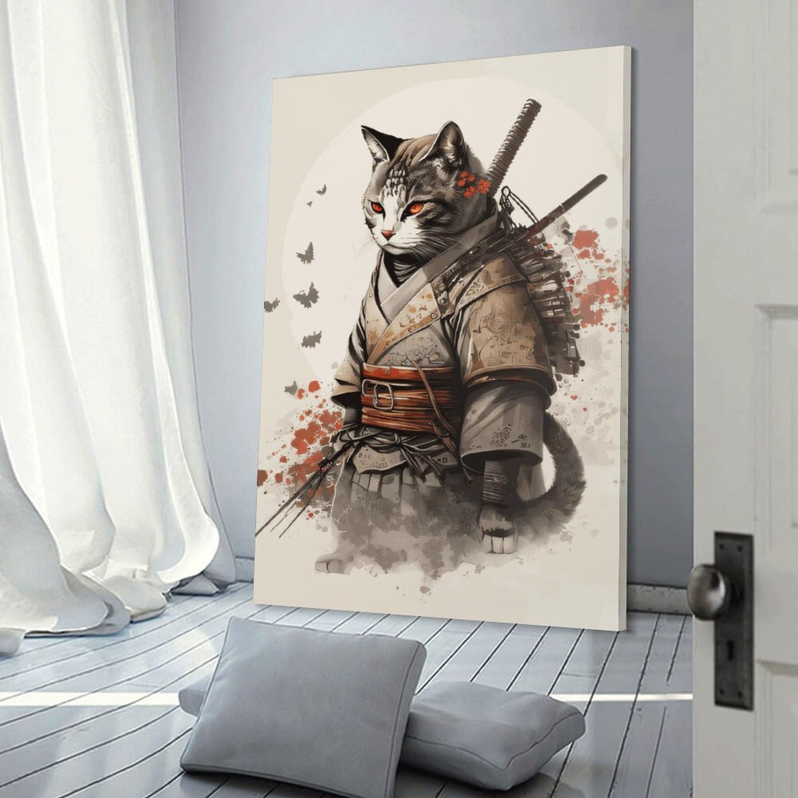 Junmoney Frame-Style-2 Samurai Cat Armor Art Print Canvas Wall Art 20X30inch(50X75cm), For Workspace Walls, Study Corners Or Bedrooms, Wall Art That Adds Style To Work Areas