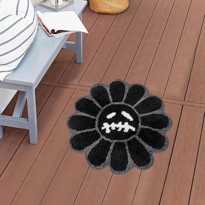 Halloween Bath Mat - Trippy Gothic Flower Rug 2FT Cool Bedroom Rugs Horror Skull Decor Ultra Soft Fluffy Shower Mat Non-Slip Bath Mats Cartoon Smile Face Rug for Bedroom (Black, 2FT)
