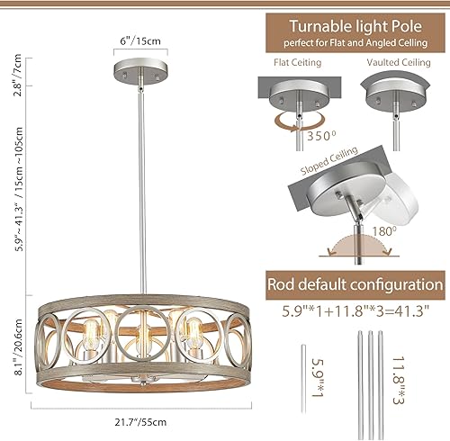 Miniatura 3 de Lámparas de comedor sobre mesa, modernos candelabros de granja para sala de estar, cocina, dormitorio, 22 pulgadas, lámpara colgante de tambor