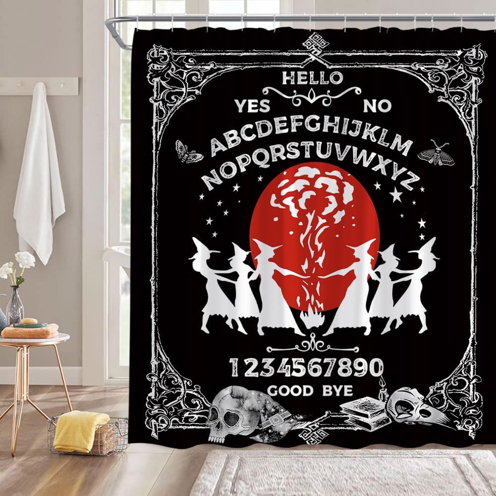 Halloween Witchy Shower Curtain Vintage Gothic Spooky Witch Goth Ouija Palmistry Witchcraft Alchemy Horror Skull Cool 180" Wx70 H Bathroom Decor Curtain with Hooks