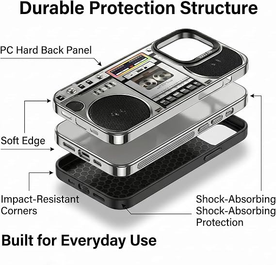 Retro Boombox Cassette Player Pattern Phone Case Vintage Cassette Tape Design Shockproof Slim Cover Anti-Fingerprint Hard PC Protective Case (Silver,For iPhone 17 Pro Max)