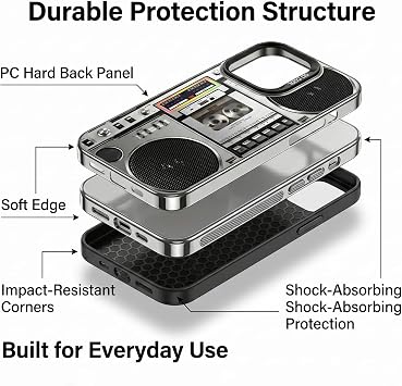 Retro Boombox Cassette Player Pattern Phone Case Vintage Cassette Tape Design Shockproof Slim Cover Anti-Fingerprint Hard PC Protective Case (Silver,For iPhone 17 Pro Max)
