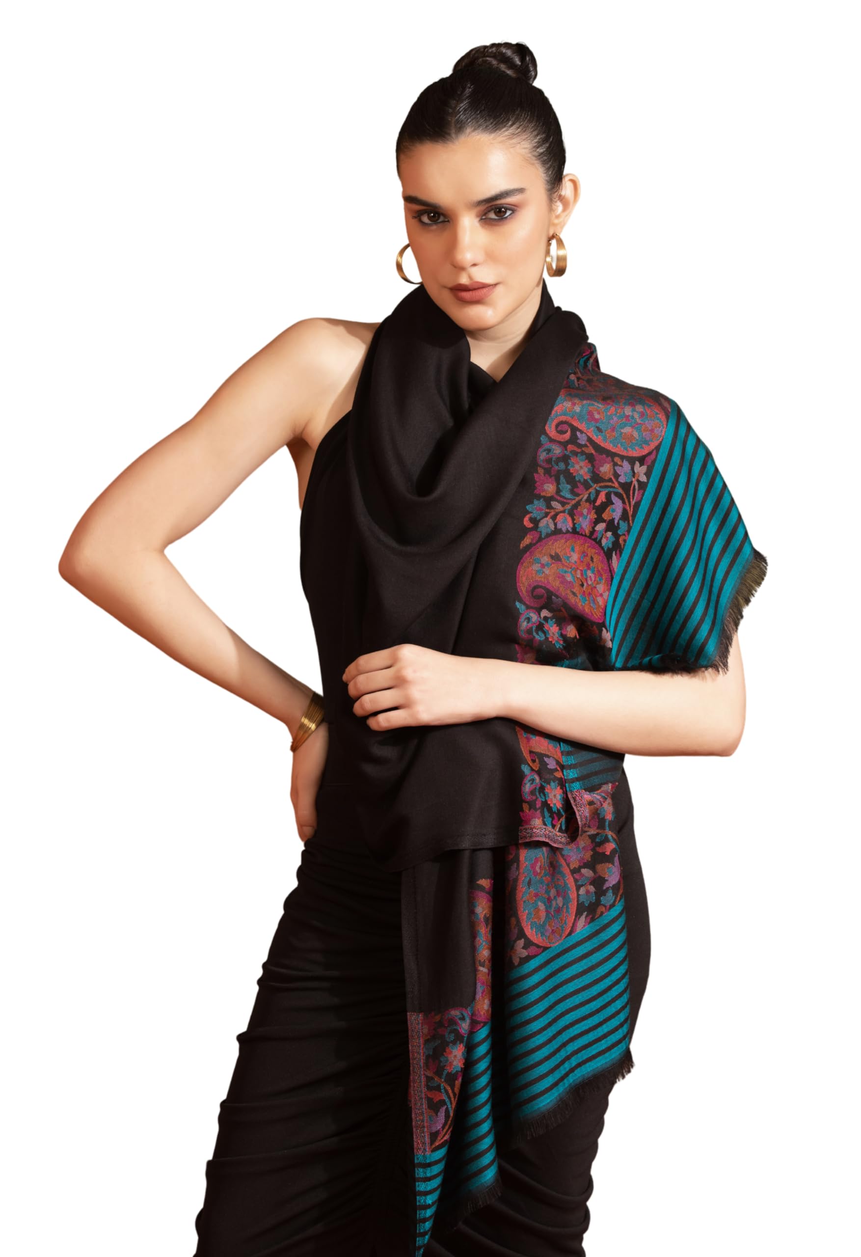 PashtushWomens Bamboo Stole, Paisley Palla, Woven Design, Black And Blue