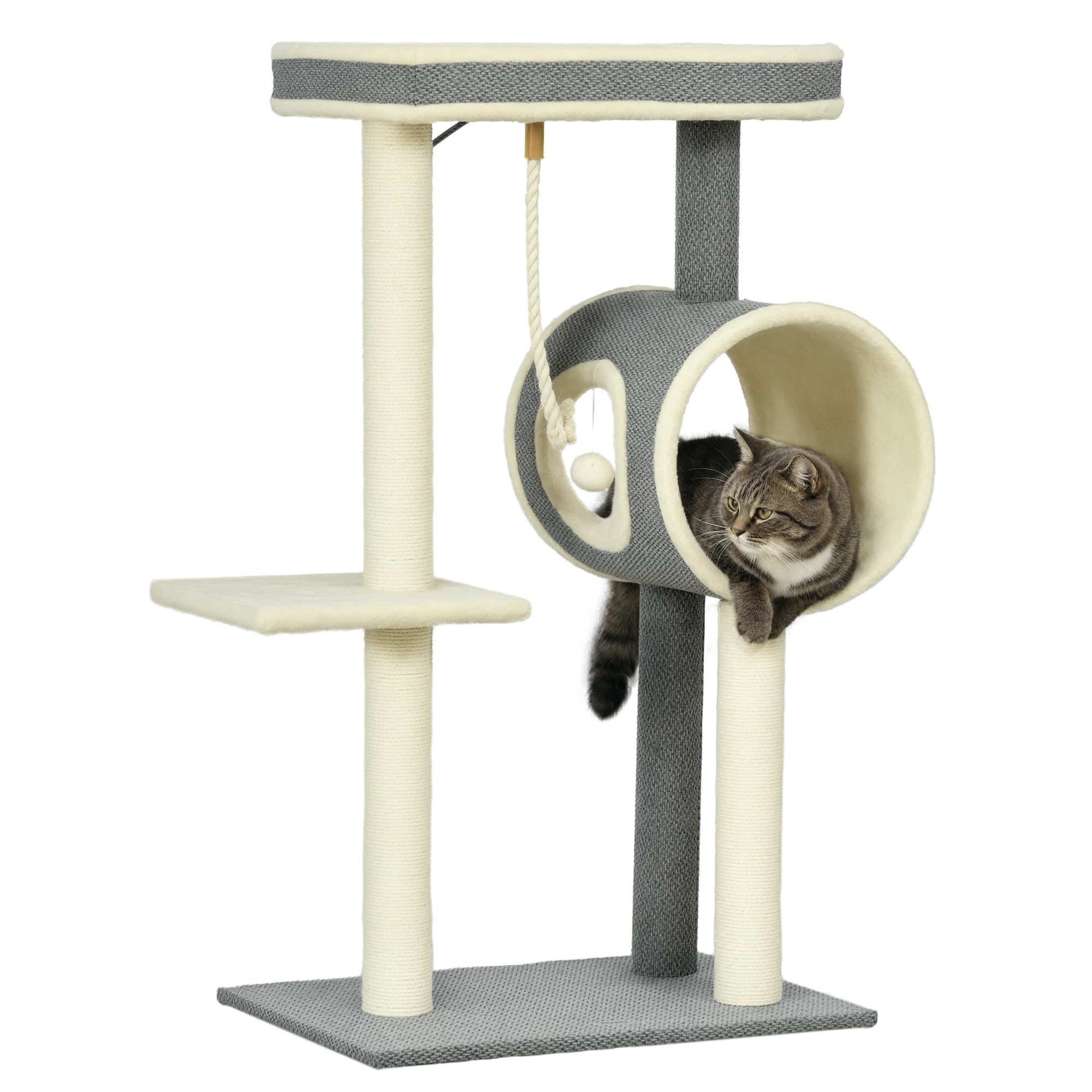 Rascador PawHut 104 cm árbol para gatos con cueva para gatos, rascador para gatos con pelota de juego, árbol para gatos con 2 zonas para tumbarse, árbol trepador para gatos de hasta 5 kg, muebles para