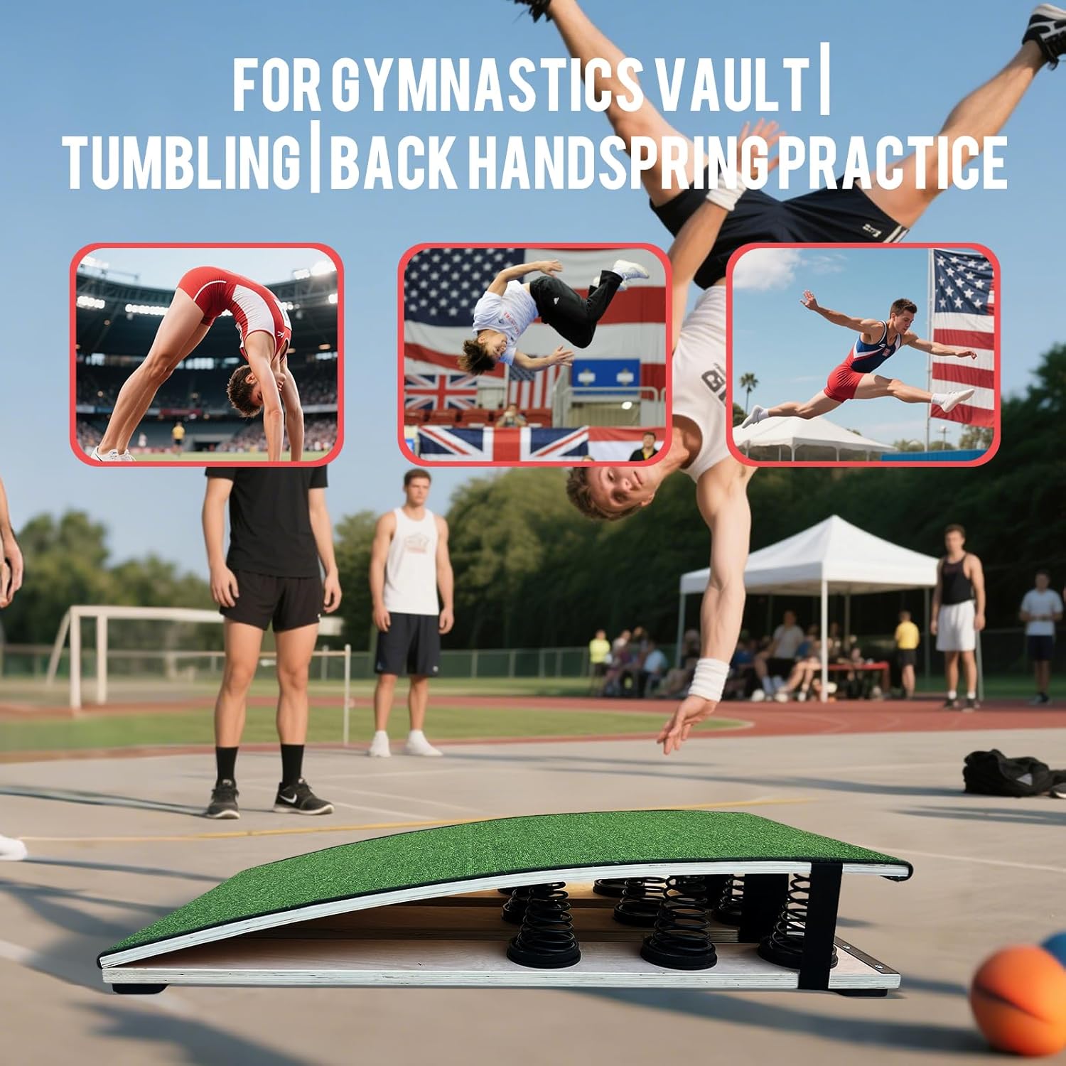 Versatile Gymnastics & Diving - Durable Solid Wood Vault Board with Strong Springs for Flips, Tumbling, Pool Jumps & Home Gym Training, Fully Assembled, Supports 320 lbs (9 Spring Green)
