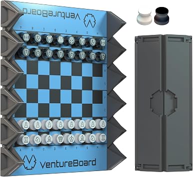 NEW VENTUREBOARD 6 Inches Magnetic Unique Chess Set Board Game - 2 Extra Queens - Folding Board, Portable Travel Chess Board Game Pieces - Blue/Grey