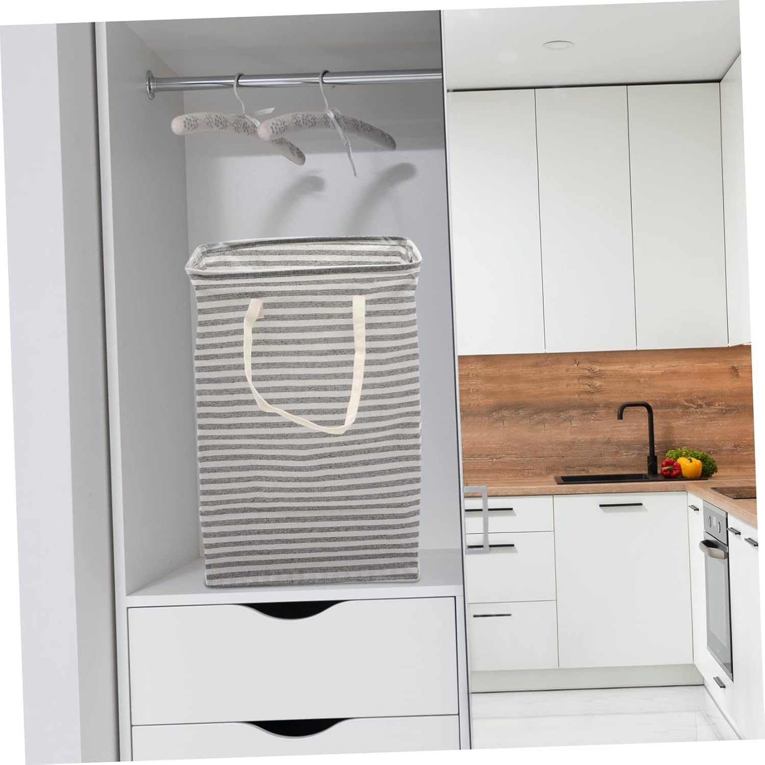 Large Foldable Laundry Basket with Handle Design Wear Resistant Cotton Linen Storage Container for Clothes and Household Organization Spacious Gray Striped Hamper for Bedroom and
