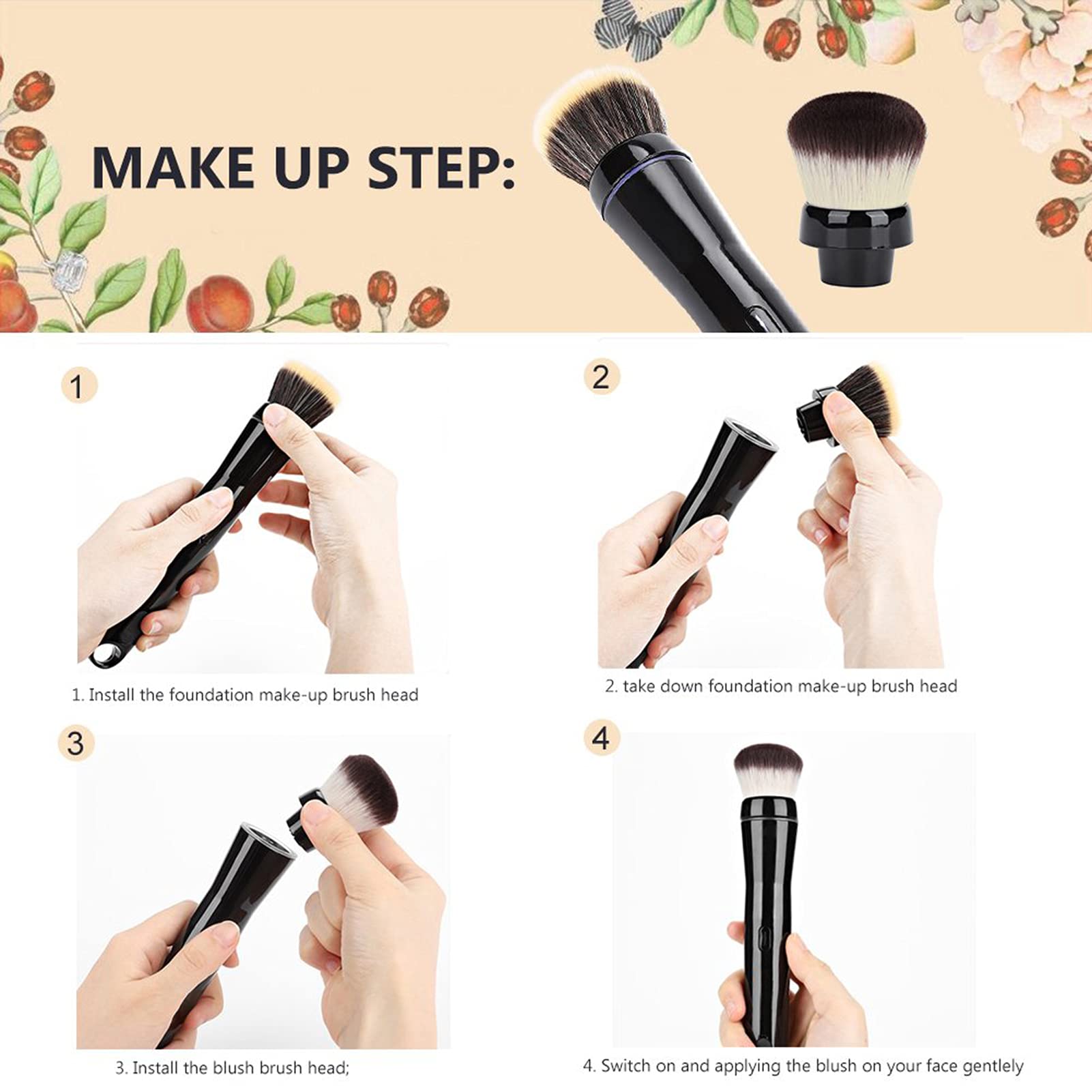 Elektrisches Make-up-Pinsel-Set mit Kabuki Foundation- und Concealer-Pinsel, Automatisch Rotierender Pinsel für Flüssige Foundation und Rouge, 2 Stück Aufsätze für Präzise Anwendung