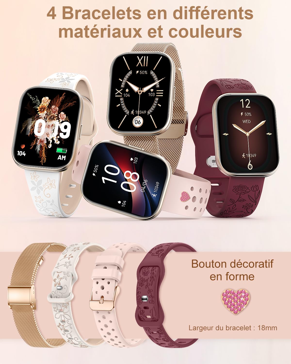 Montre Connectée Femme avec 4 Bracelets Appel Bluetooth 1.75" Smartwatch Femme pour iPhone Android Fonction Féminine Podomètre Fréquence Cardiaque Sommeil SpO2 100+ Sport Montre Intelligente, Or rose