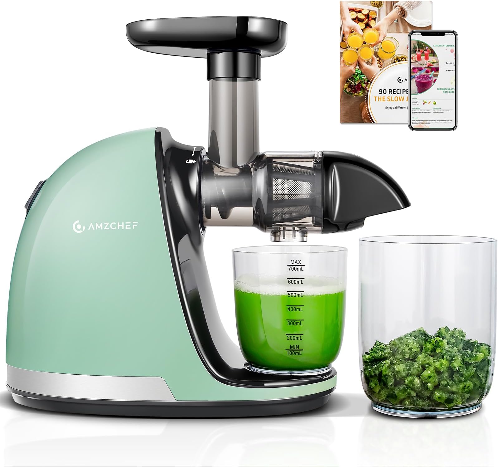 AMZCHEF Juicer Machines - Cold Press Juicer - Slow Masticating for Whole Fruits and Vegetables - Delicate Chew No Need to Filter - Bright Green