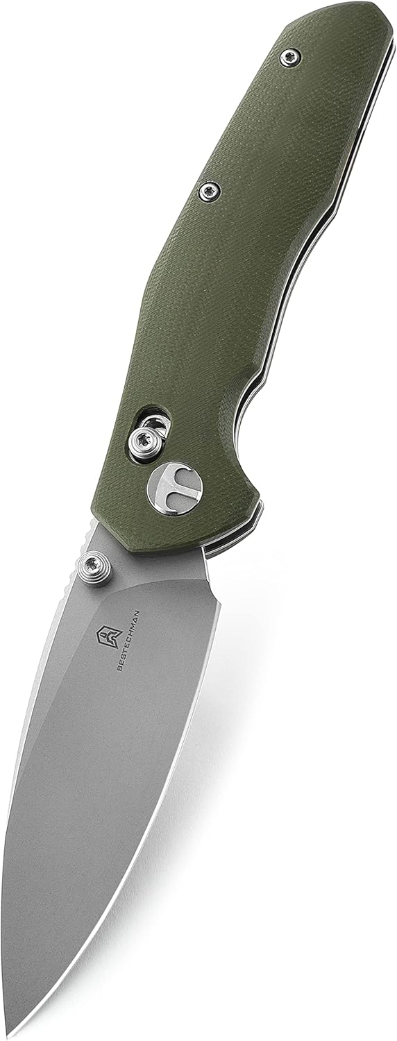 BESTECHMAN Ronan EDC Folding Knife OD Green G10 Handle Pocket Knife, 14C28N Steel Thumb-Stud Outdoor Tools, BMK02E (OD Green Handle)