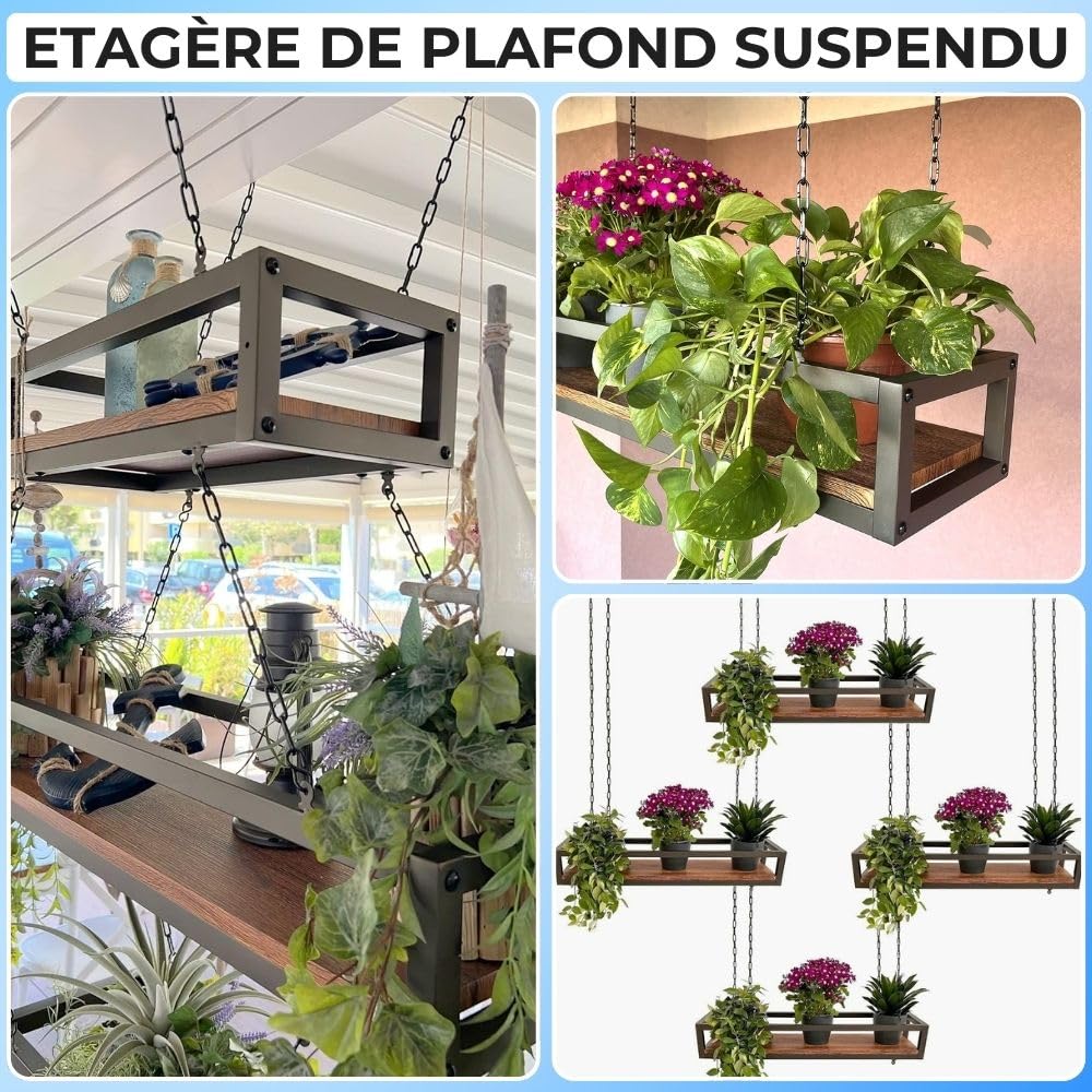 YELLOO - Etagere de Plafond Suspendue avec Chaînes, Idéale Porte-Fleurs, Plantes d'Intérieur, Design Classique et élégant pour Maison, Jardin, Balcon (FLOWERS 95 cm, Marron/Noix)