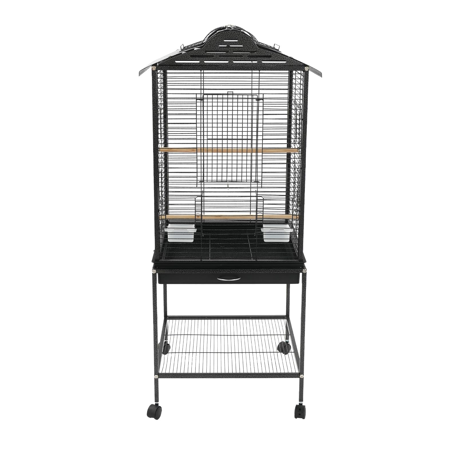 Jaula para pájaros con estante y ruedas de metal con 3 perchas, 2 cajas de alimentación y bandeja extraíble de 48 x 46 x 122 cm