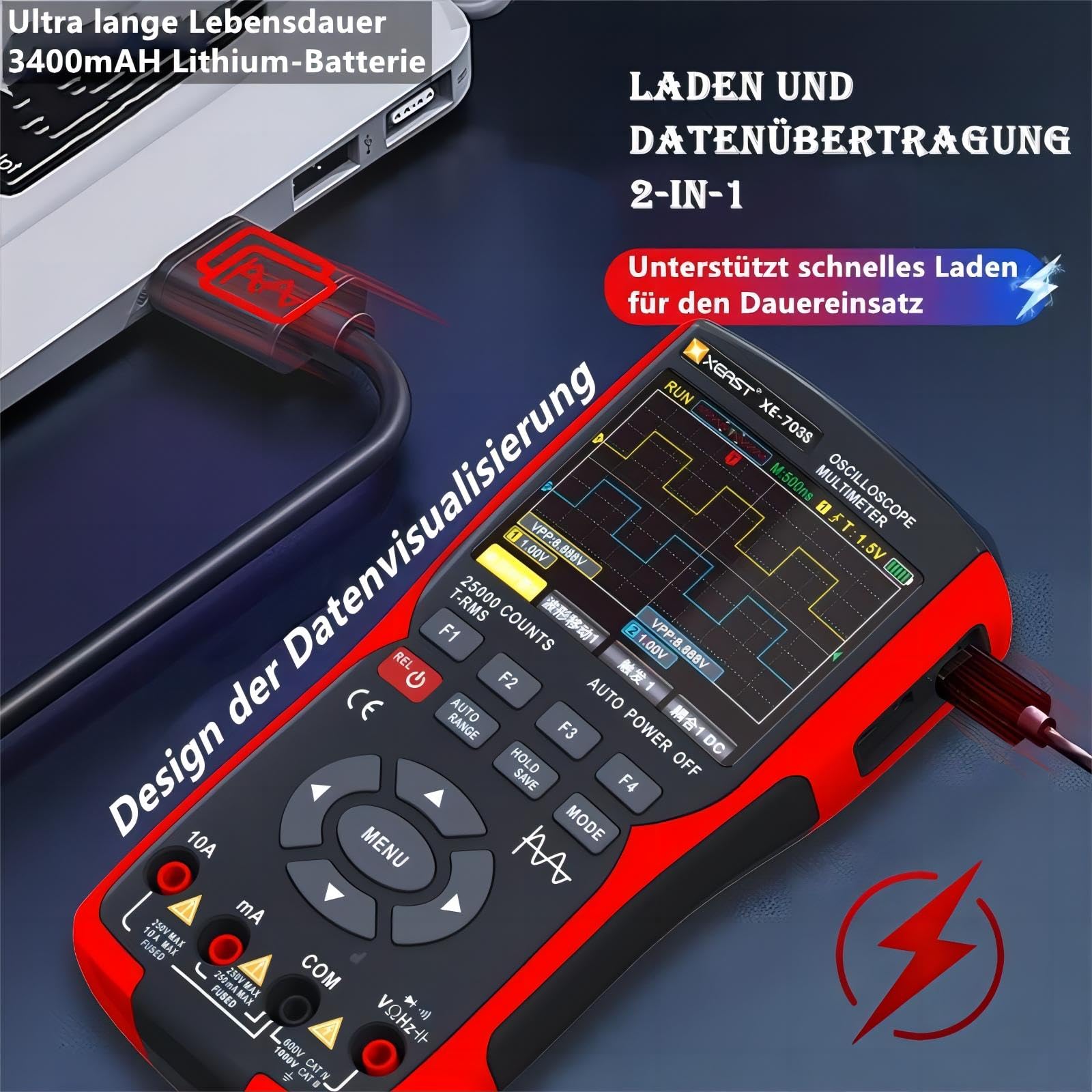 Oscilloscopio 2 Canali 50 MHz, Multimetro Digitale 25000 Conteggi, Generatore di Segnale DDS 3 in 1, Display LCD 3,5" 280 MSa/s – Oscilloscopio Portatile per Test e Misurazioni