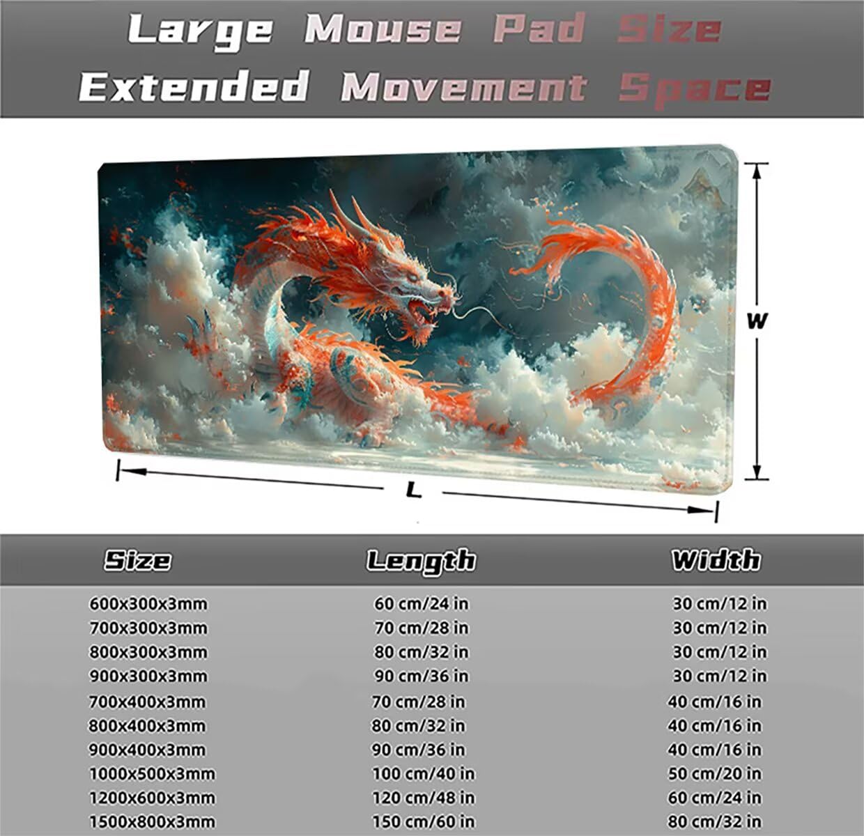 Alfombrilla Ratón Gaming XXL, Gaming Mouse Pad 1500x800x3mm, Protector Escritorio Antideslizante, Alfombrilla de Ratón DragóN Mousepad Grande, Tapete Raton para Jugadores de PC Oficina PjY12282 N-U