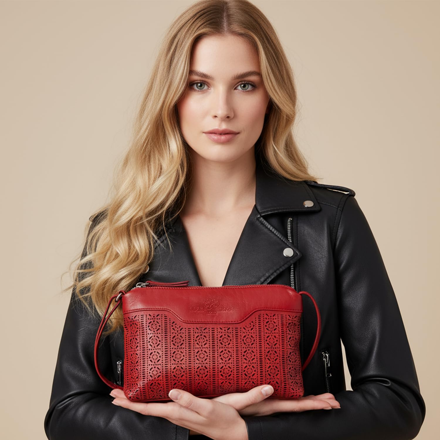 Laura Valle Bolso Bandolera Mujer Pequeño Modelo Belma – Bolso Piel Auténtica Mujer Con Filigrana Repujada, Cremalleras Seguras y Diseño Compacto Elegante Para El Día A Día