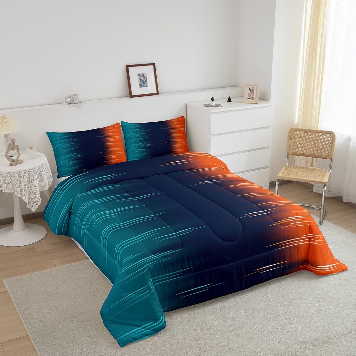 Erosebridal Contemporary Art Twin Comforter Set Blue Orange Bedding Sets,Gradient Ombre Duvet Insert Grunge Abstract Duvet Set Geometric Lines Quilted Comforter Boys Girls Adult Bedroom Decor,Cozy