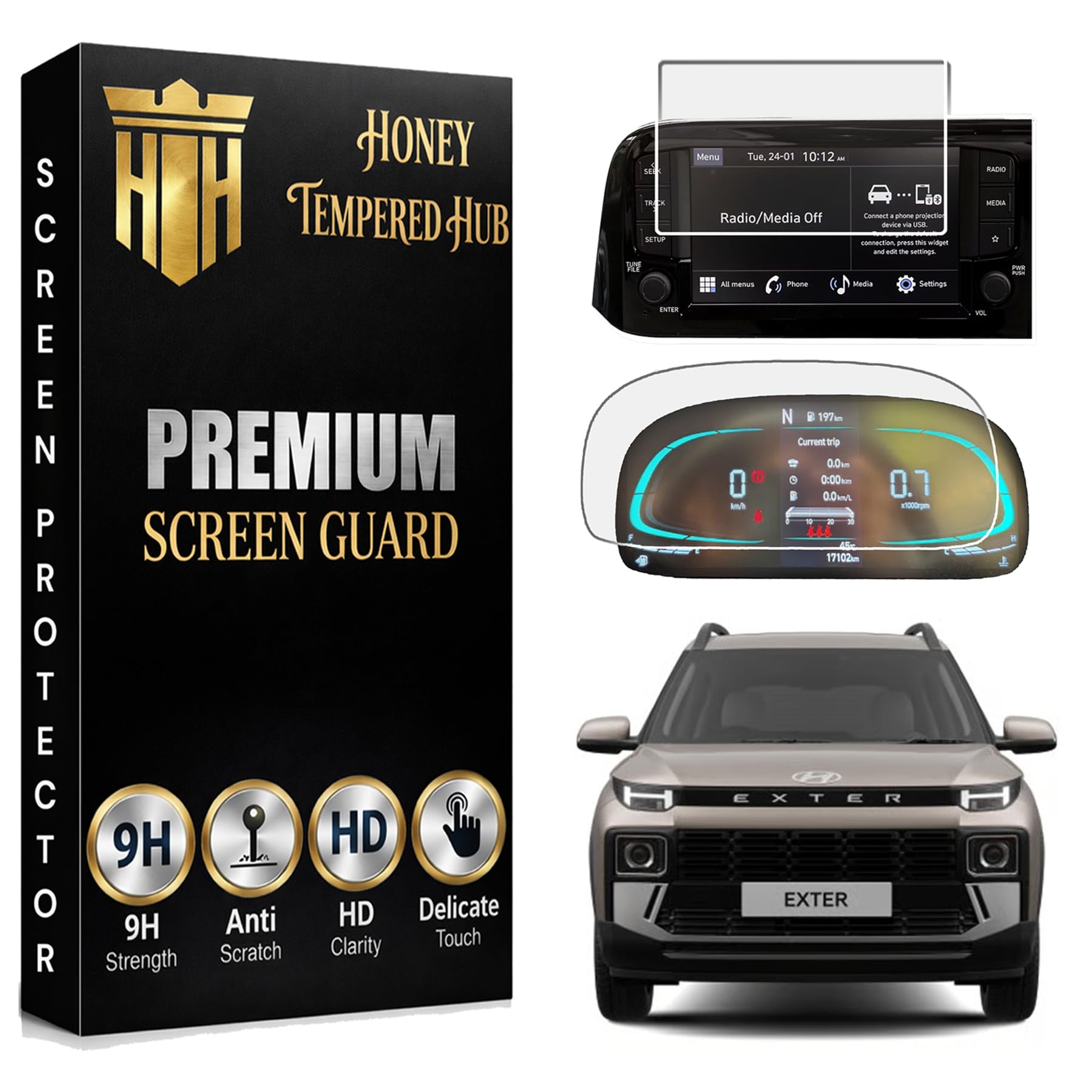 HONEY TEMPERED HUB Touch Screen Guard For HYUNDAI EXTER Combo 2022 S SX SXO Connect [8 INCHES WITH CLUSTER GUARD]| GPS Infotainment System Protector Accessories | Xter Car Display Touch Screen Guard-image-20