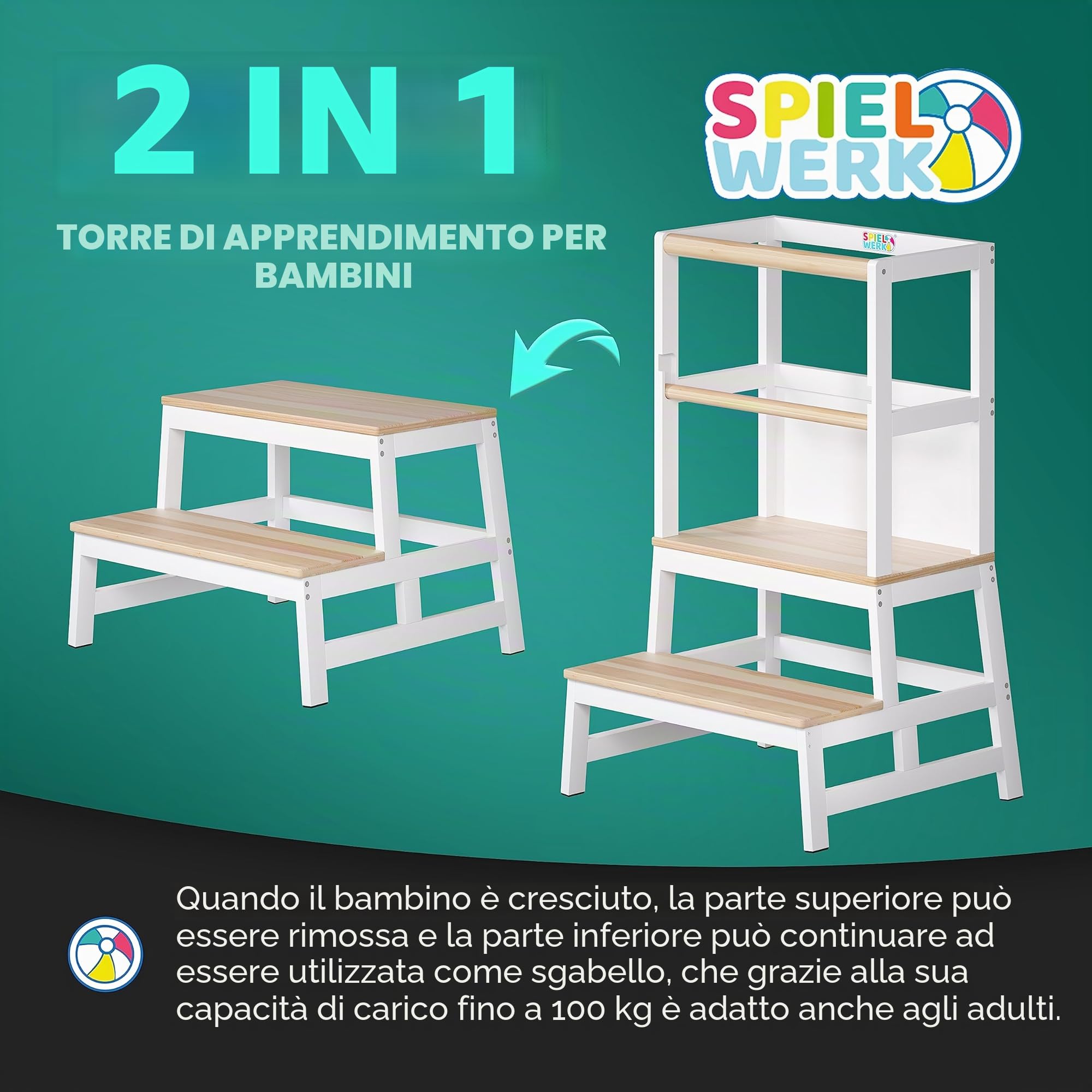 Spielwerk Torre Montessoriana Learning Tower in Legno 50x51x93 cm per Bambini da 2 Anni