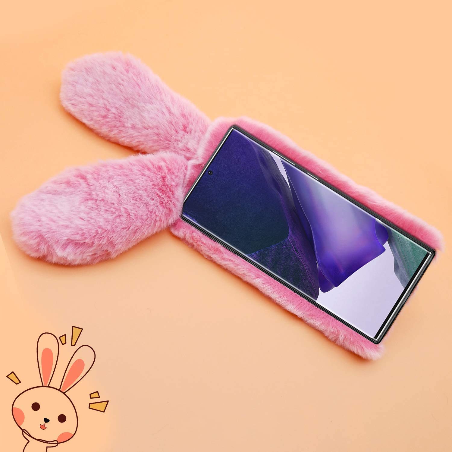 HFICY Custodie per telefono con 2 pellicole protettive in vetro e cordino a tracolla, con orecchie di coniglio pelose e pelose, per donne e ragazze, morbida copertura in peluche (per TCL 20
