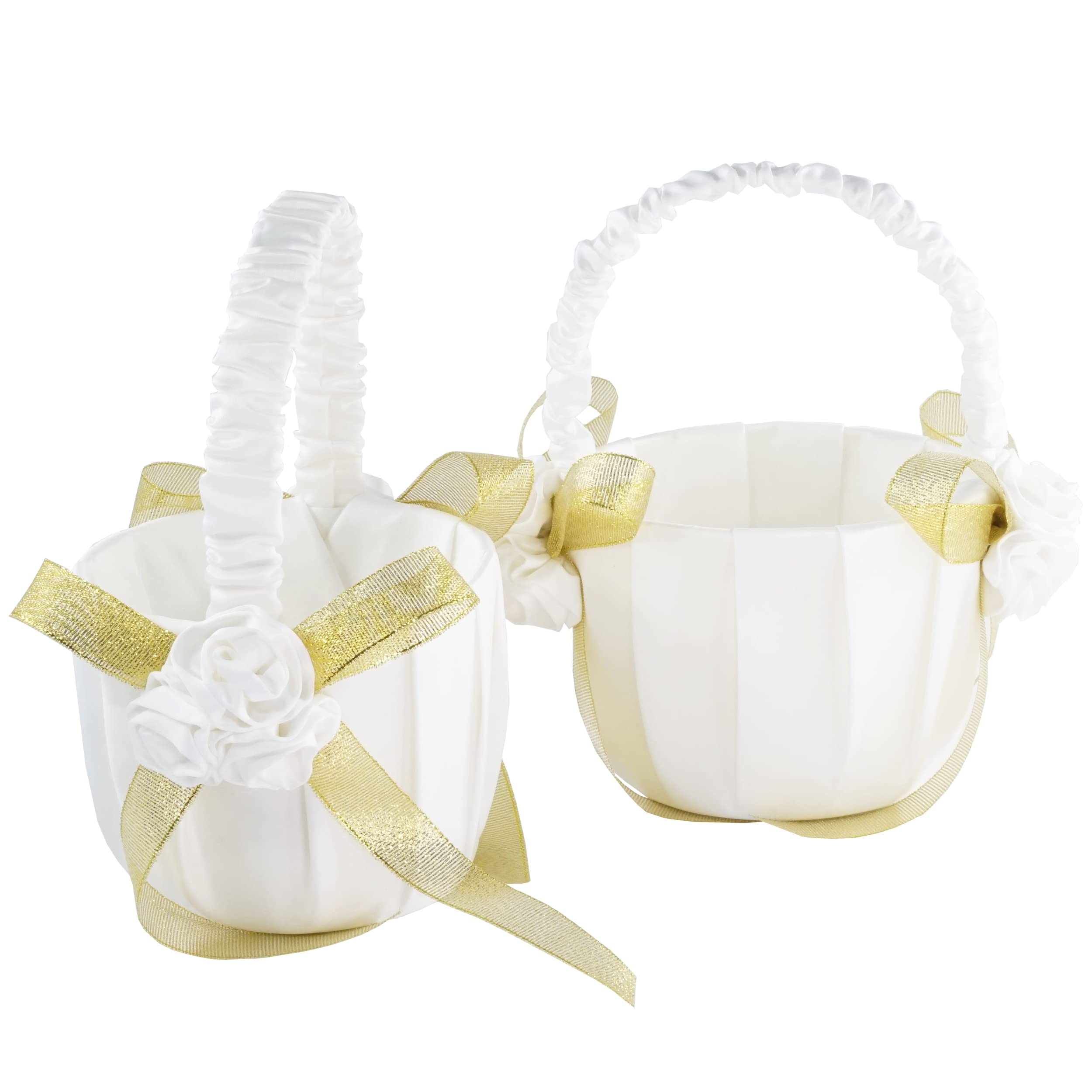 EinsSein 2 cestini da spargere per matrimonio, dorati - 17x26x13 Petali cestini da Sposa Fiore in Raso Confetti Cesto Damigella Bambina Vimini con Manico Porta Rivestiti