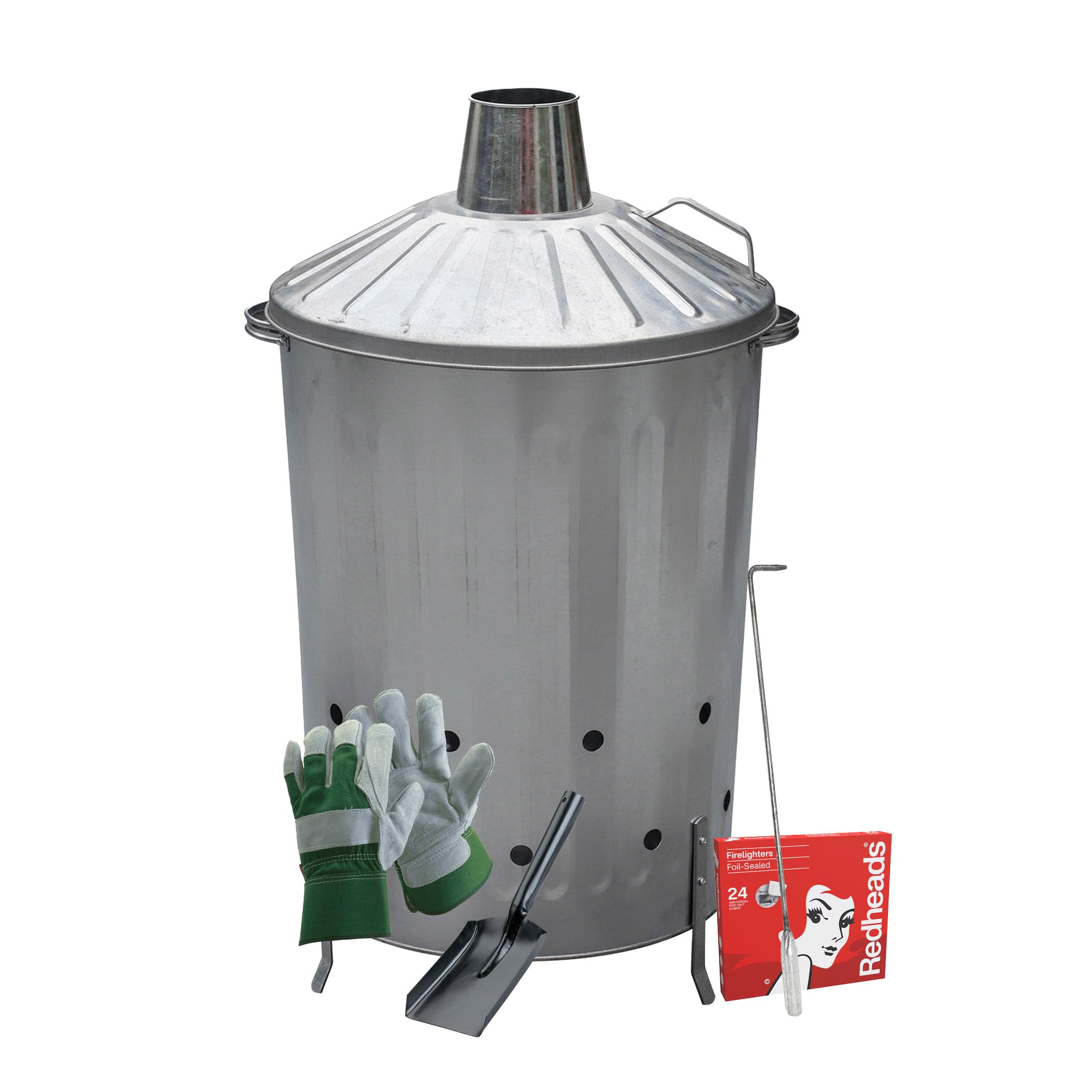 simpa Garden Waste Burning Kit: 90L Incinerator, Firelighters, Poker, Shover & Rigger Gloves Set