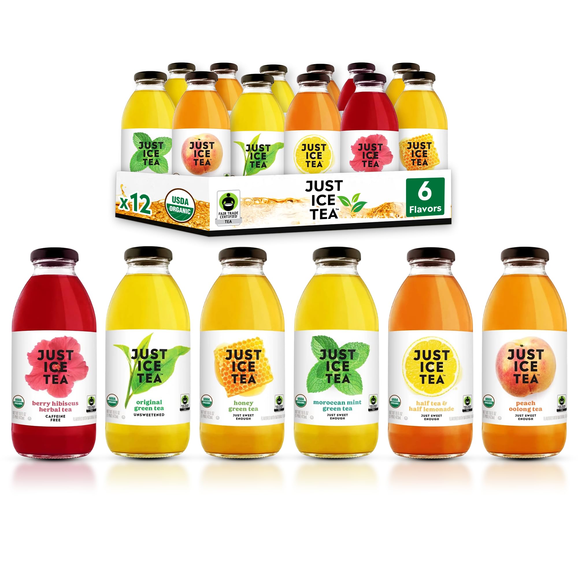 Just Ice Tea Organic Iced Tea, 16 Fl Oz Glass Bottles (6 Flavor Variety, Pack of 12)